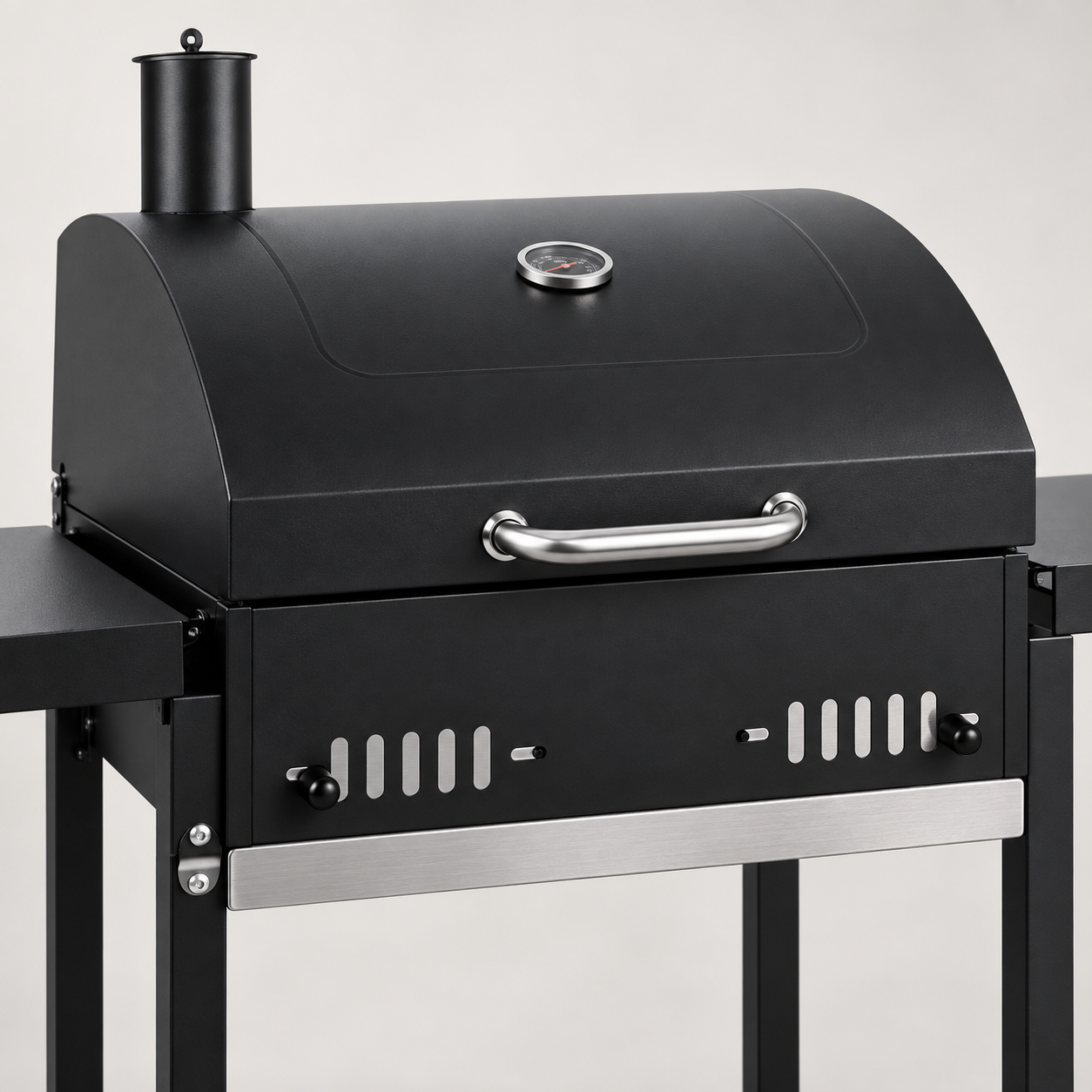 Black table grill lid thermometer, chimney and front adjustable air vents