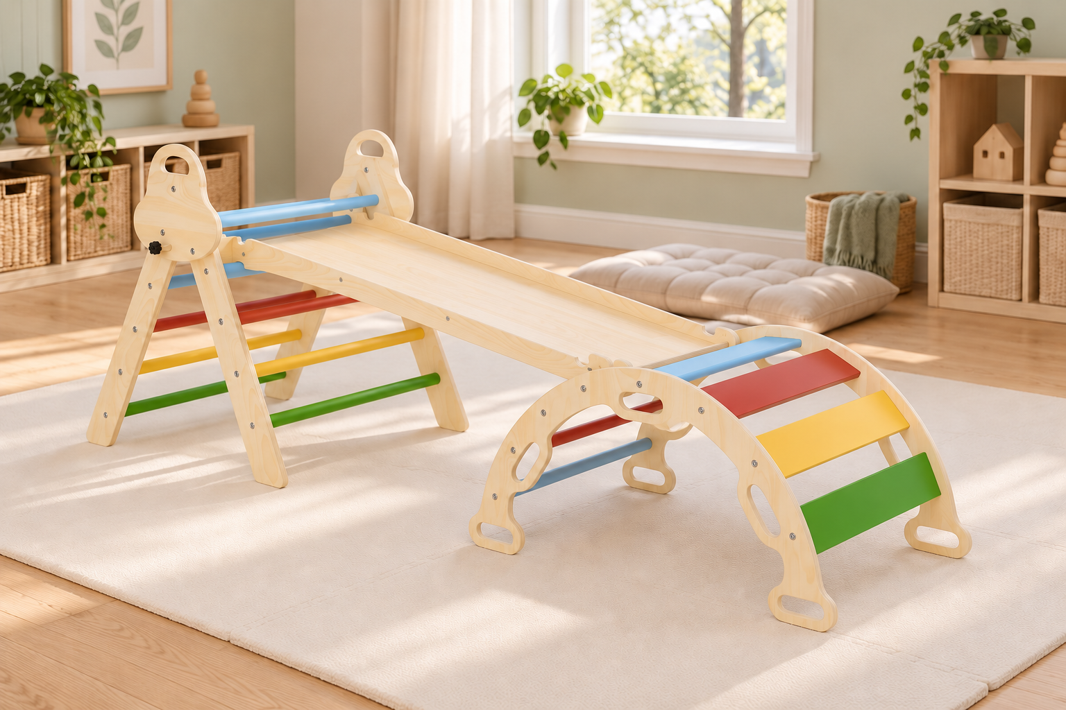 Wooden toddler climbing set with smooth slide ramp in a light home playroom