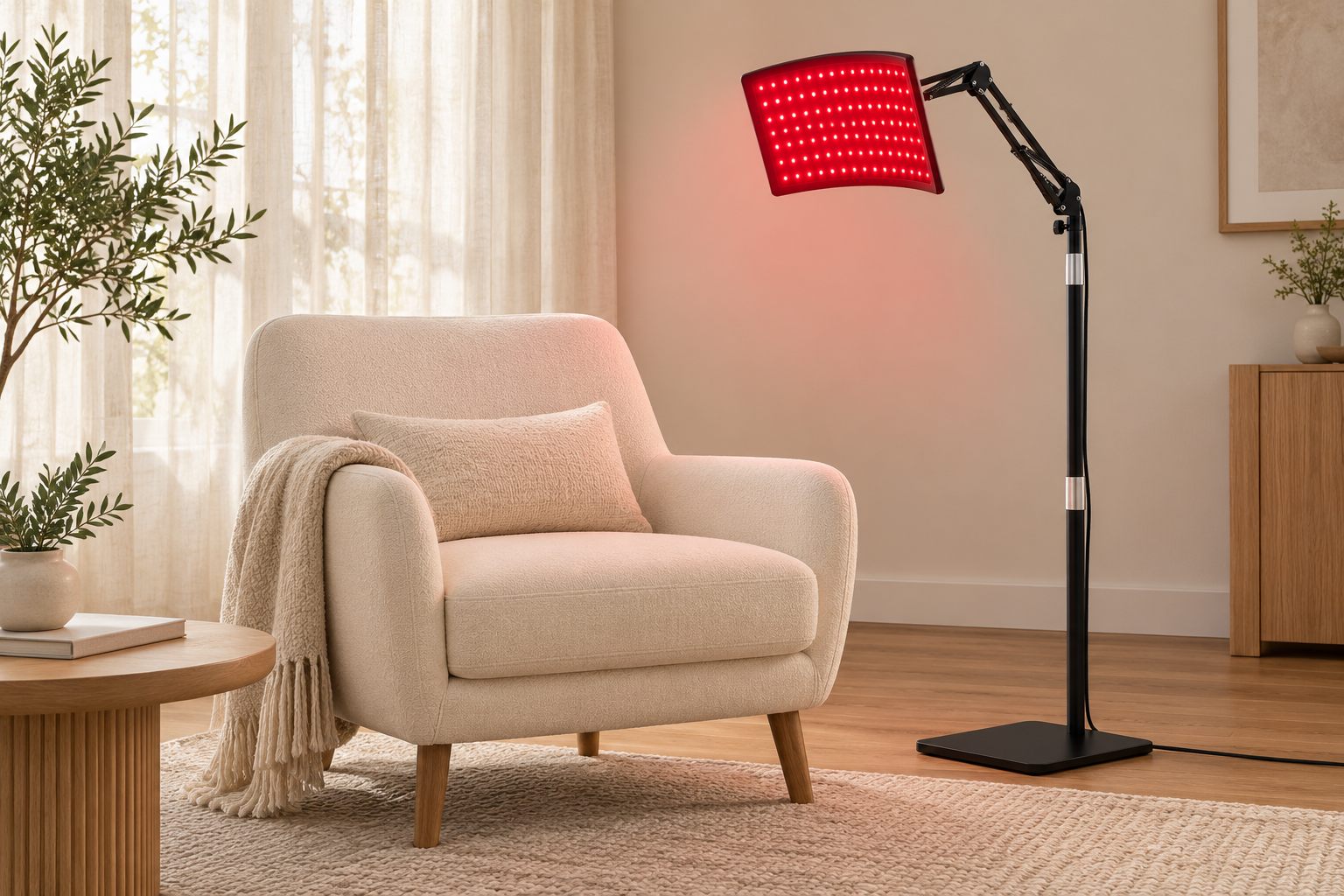 Curved red-light panel beside an armchair in a home setting