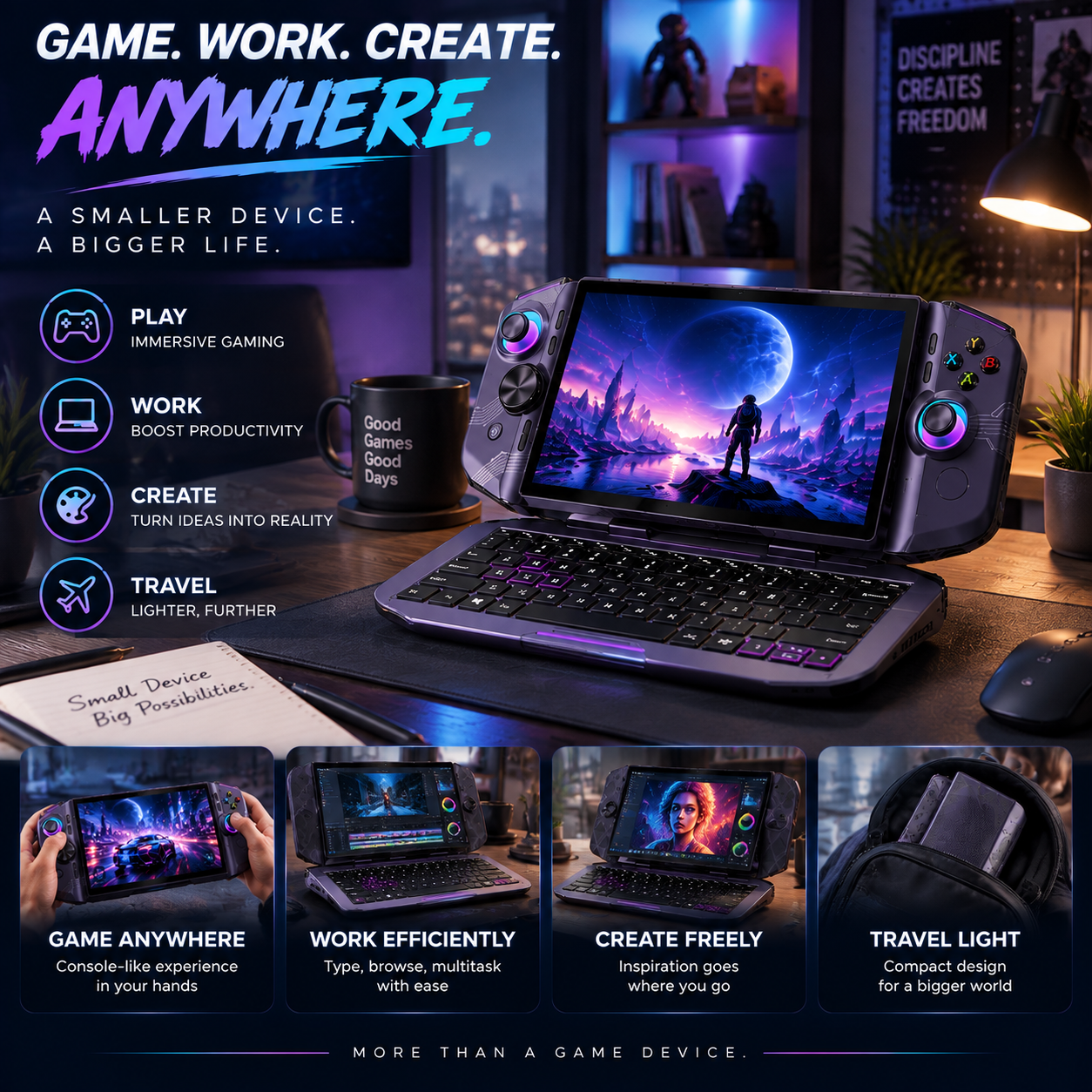 Dual-Mode 2-in-1 Gaming Handheld – Convertible Mobile Gaming & Productivity