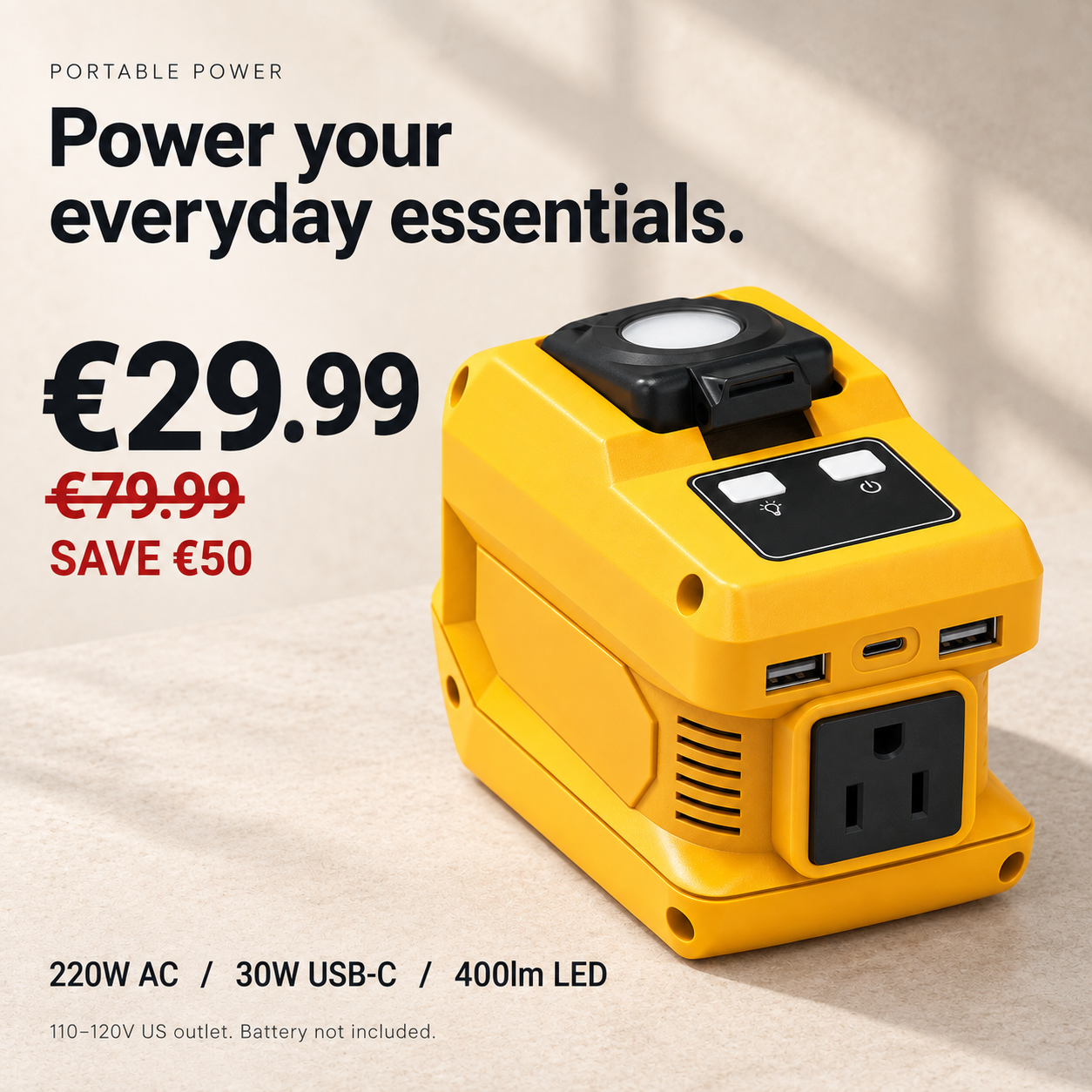 220W portable battery inverter offer: €29.99, compare €79.99, save €50