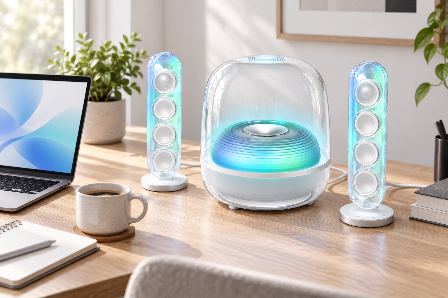 White transparent speakers on a home office desk