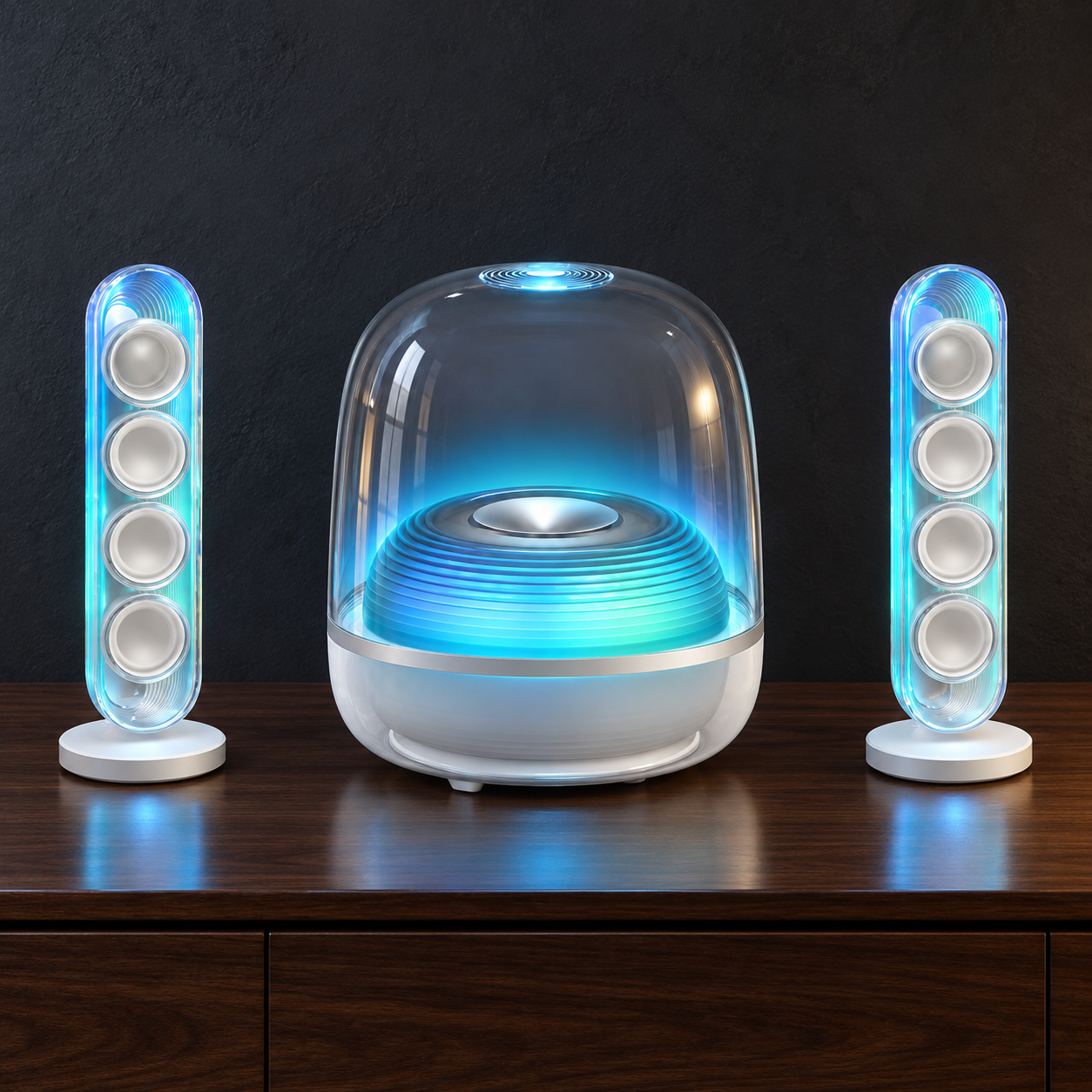 Blue lighting on a white transparent speaker system