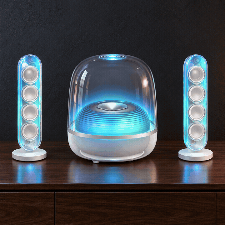 Blue and red lighting visualisation on the same white speaker system