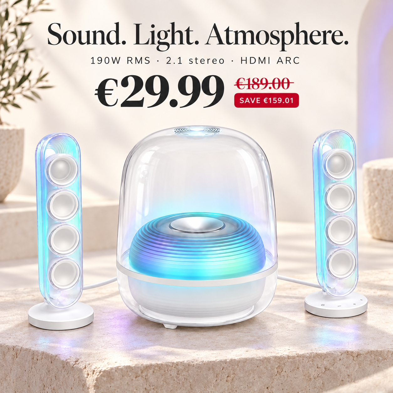 Transparent 2.1 speaker system, EUR 29.99, reference price EUR 189.00