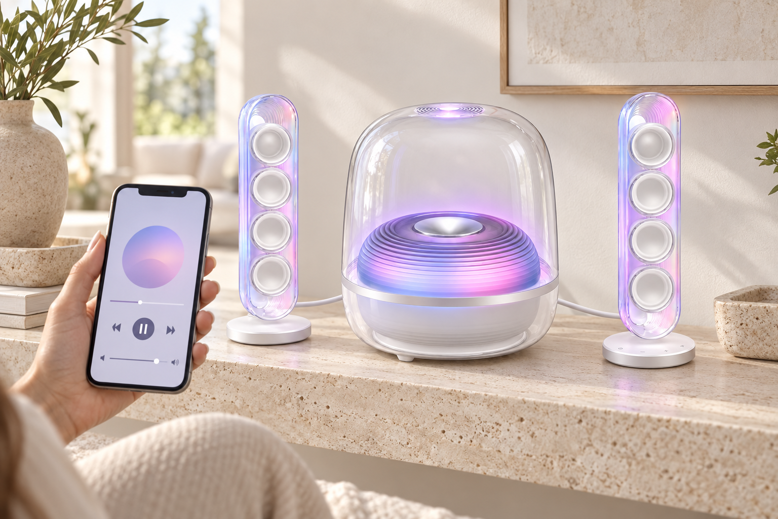 Phone music playback beside the transparent speaker system