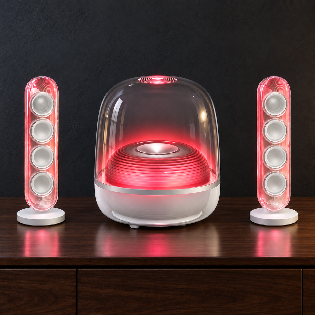 Red lighting on the same white transparent speaker system