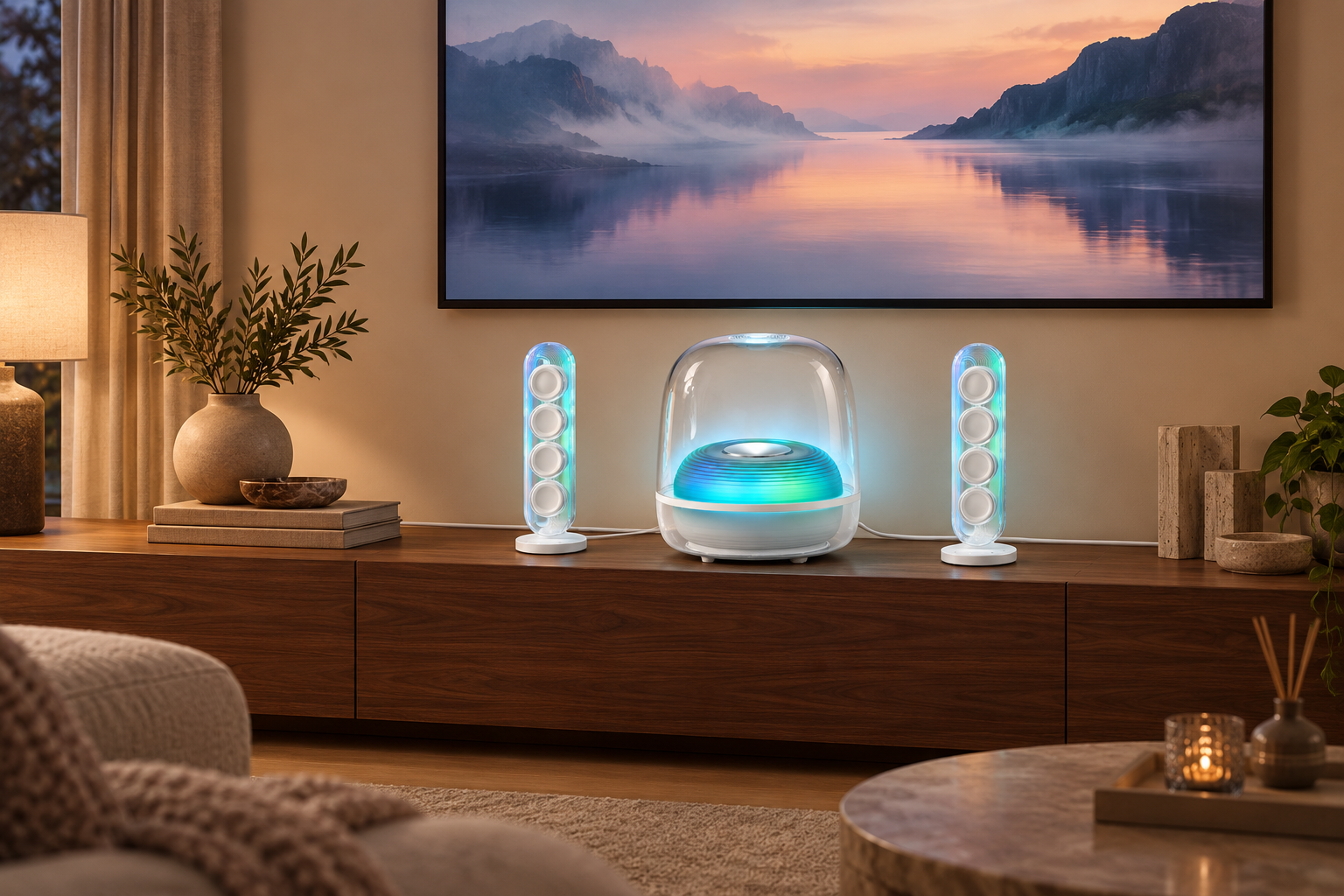 Transparent speaker system on a walnut console in a calm living room