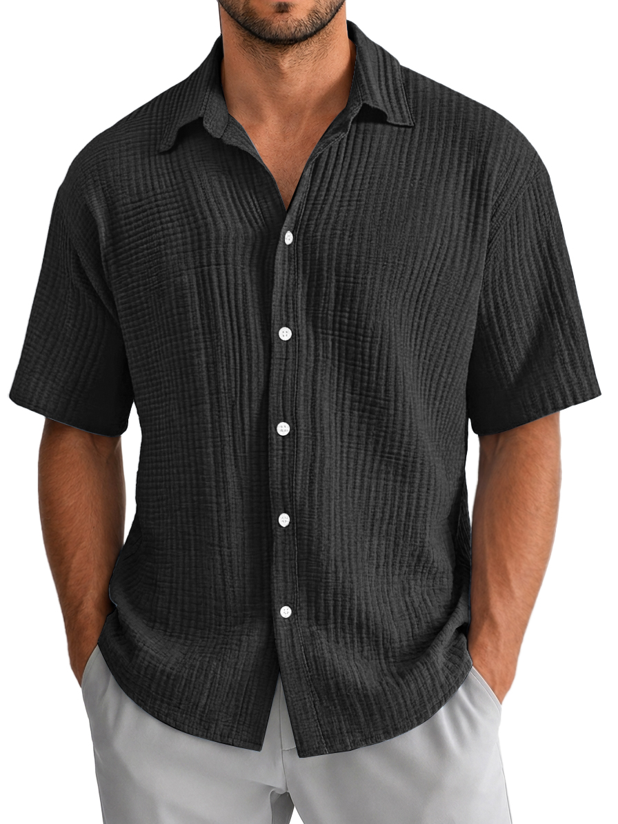 Chemise décontractée pour homme à manches courtes, coupe ample et texture en 100 % coton