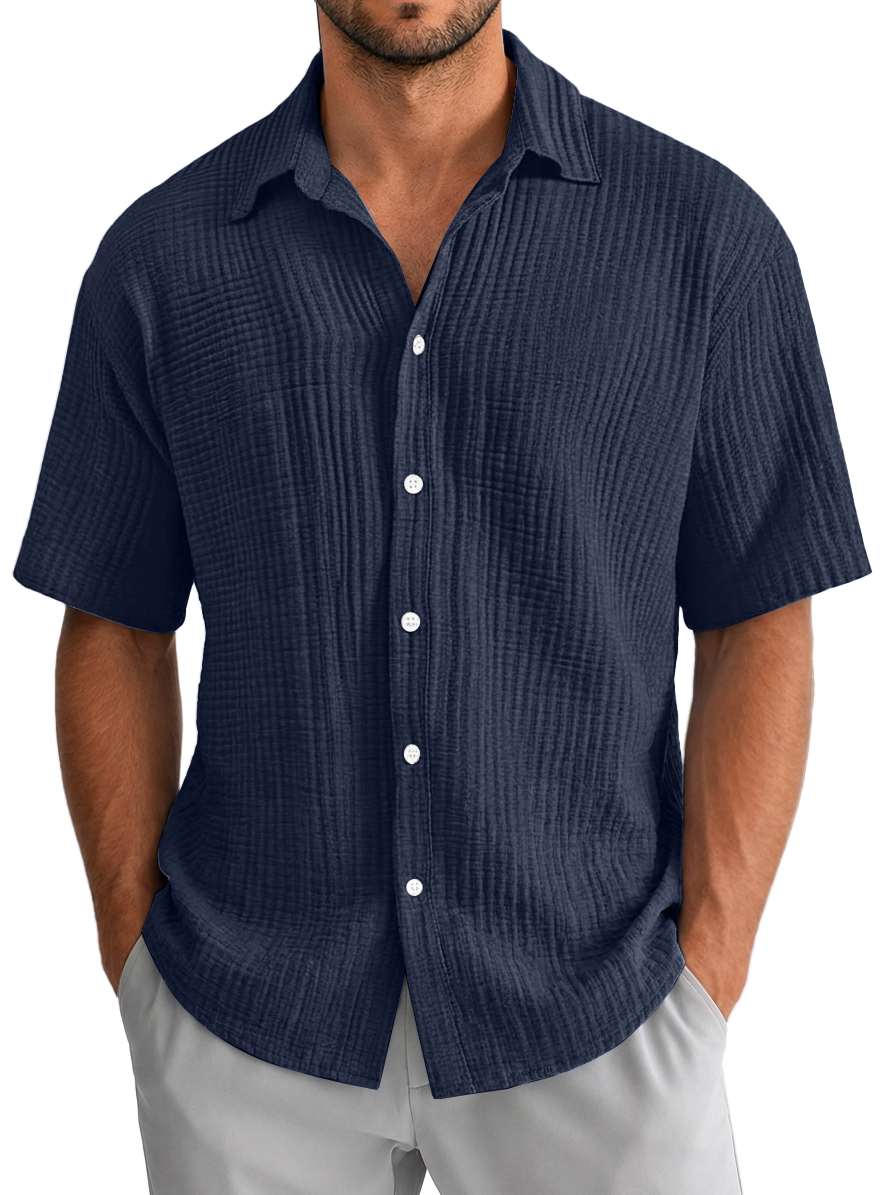 Chemise décontractée pour homme à manches courtes, coupe ample et texture en 100 % coton