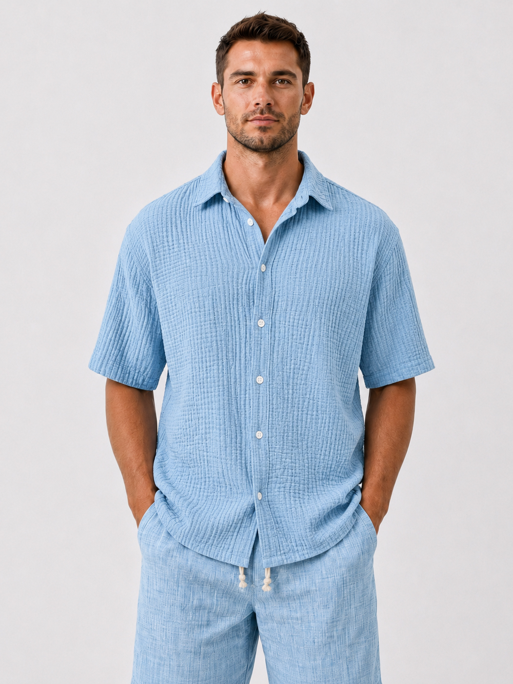 Chemise décontractée pour homme à manches courtes, coupe ample et texture en 100 % coton