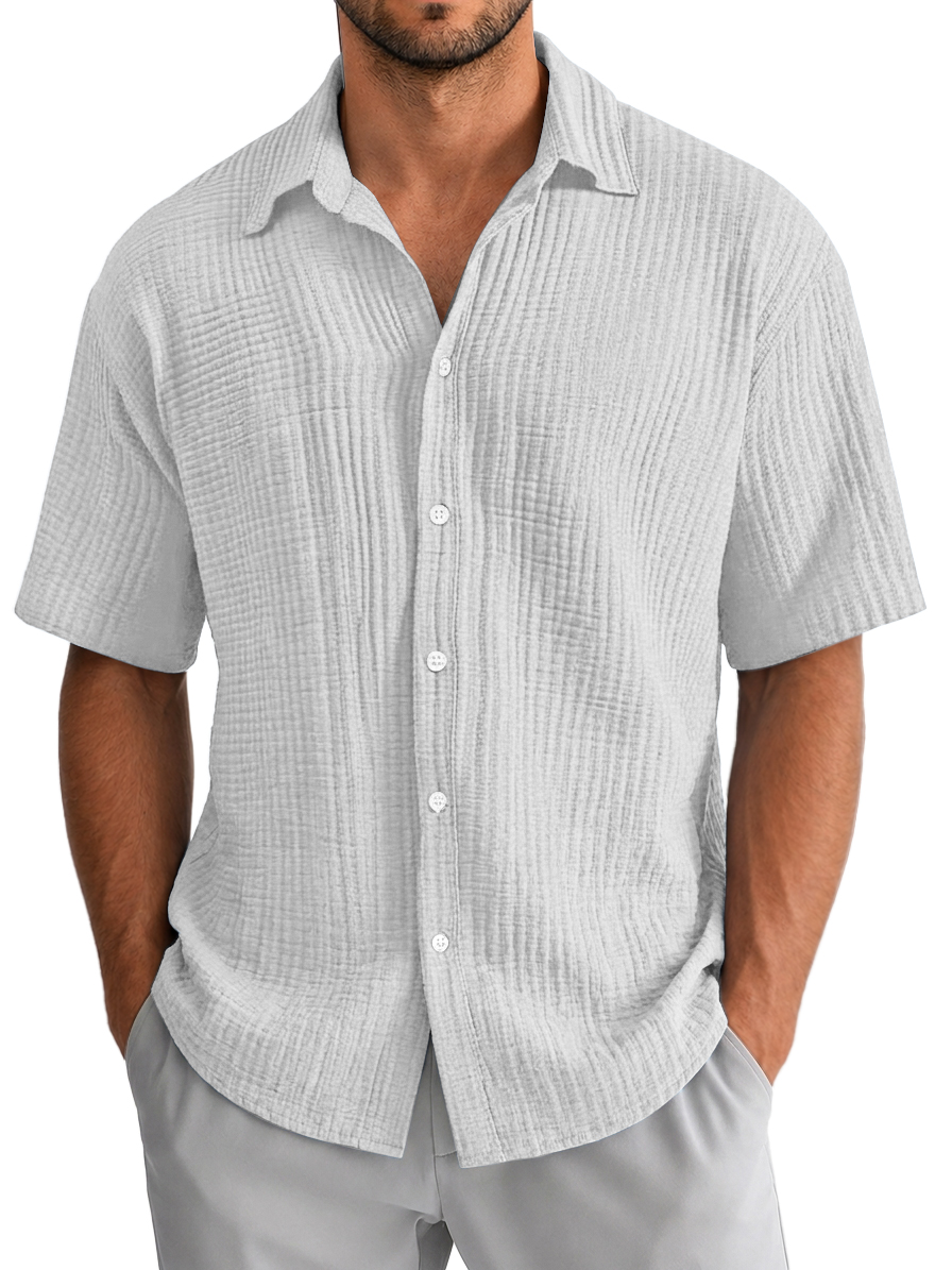 Chemise décontractée pour homme à manches courtes, coupe ample et texture en 100 % coton