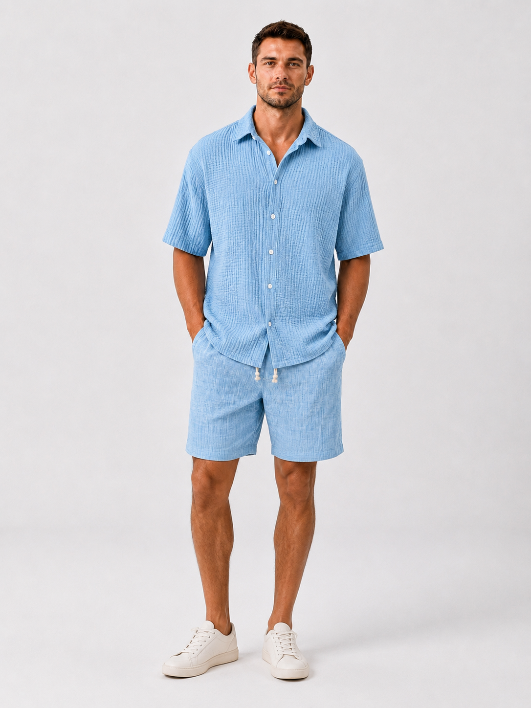 Chemise décontractée pour homme à manches courtes, coupe ample et texture en 100 % coton