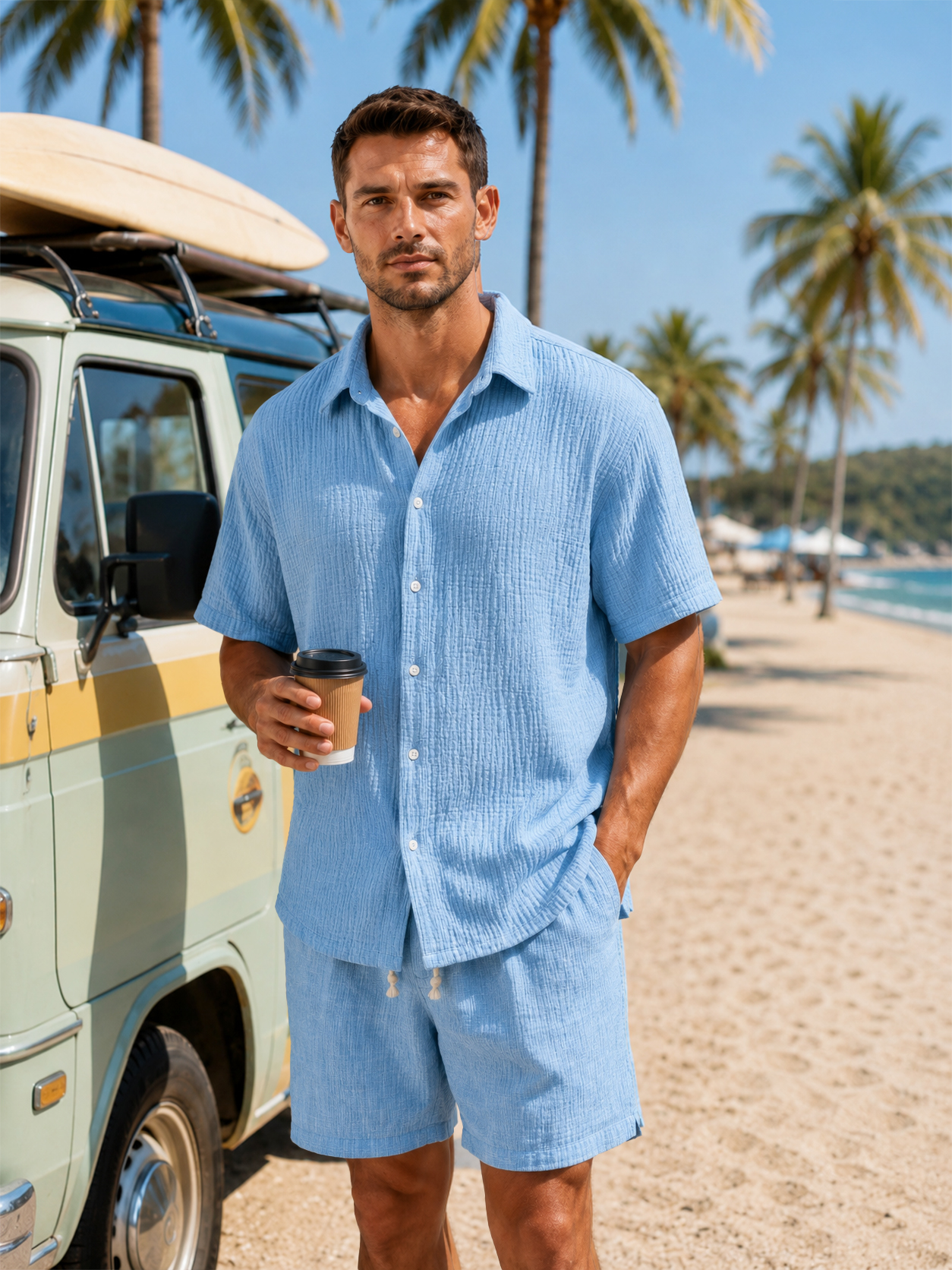 Chemise décontractée pour homme à manches courtes, coupe ample et texture en 100 % coton