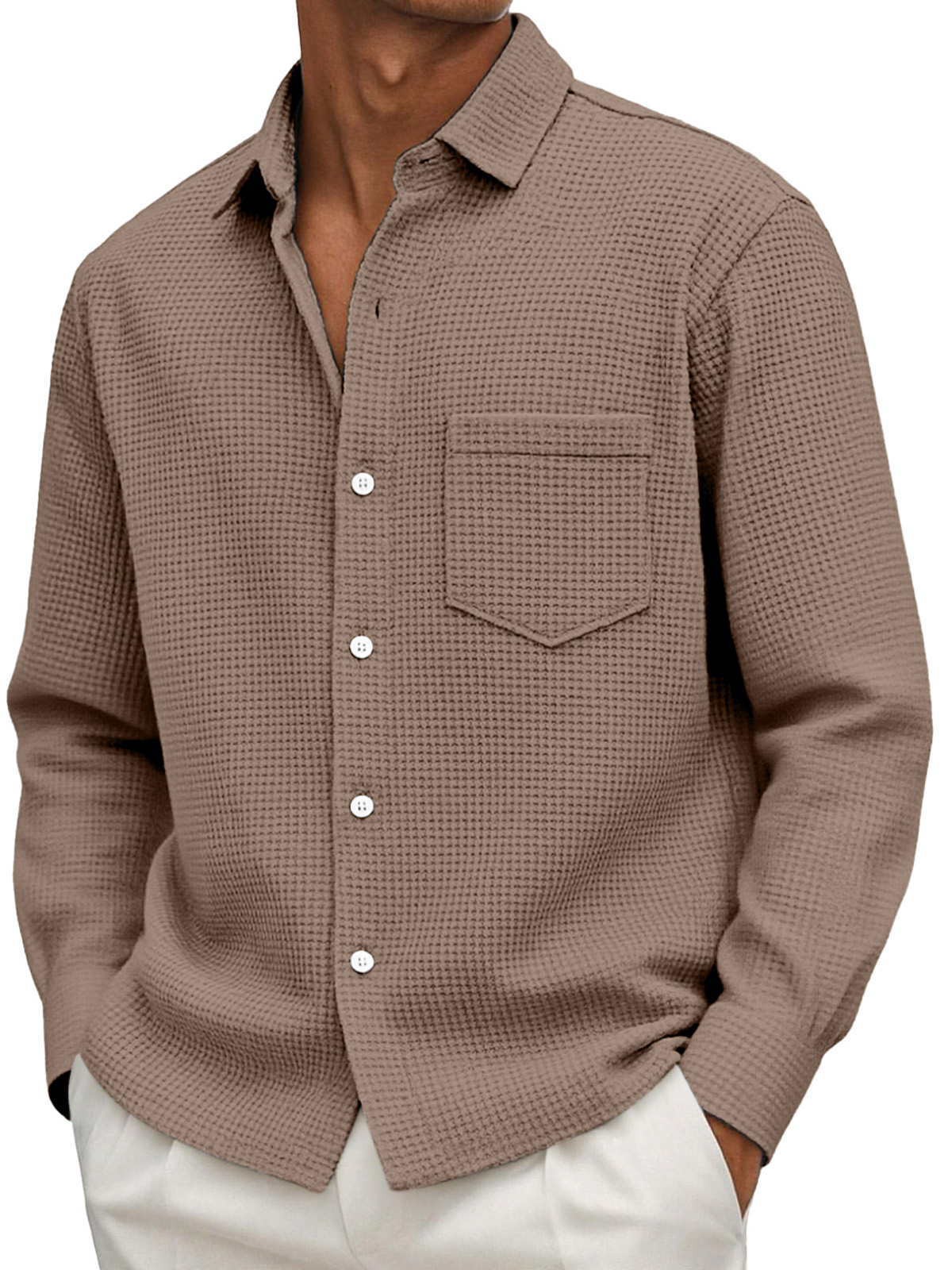 Chemise décontractée pour homme à manches longues, couleur unie, en maille gaufrée et avec poches