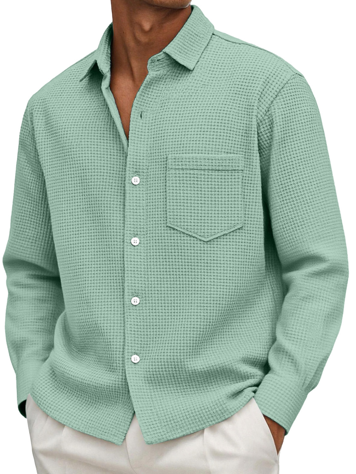 Chemise décontractée pour homme à manches longues, couleur unie, en maille gaufrée et avec poches