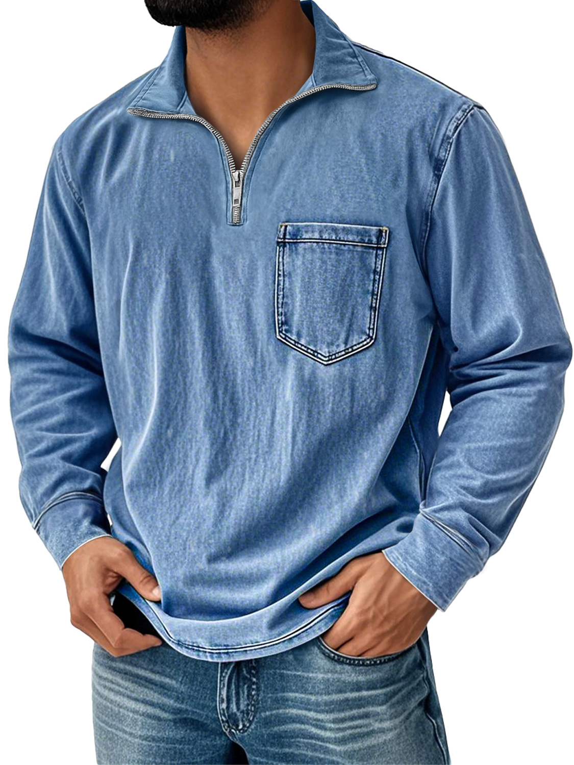 Chemise décontractée pour homme, style vintage effet usé, manches longues, couleur unie, avec col montant et fermeture zippée.