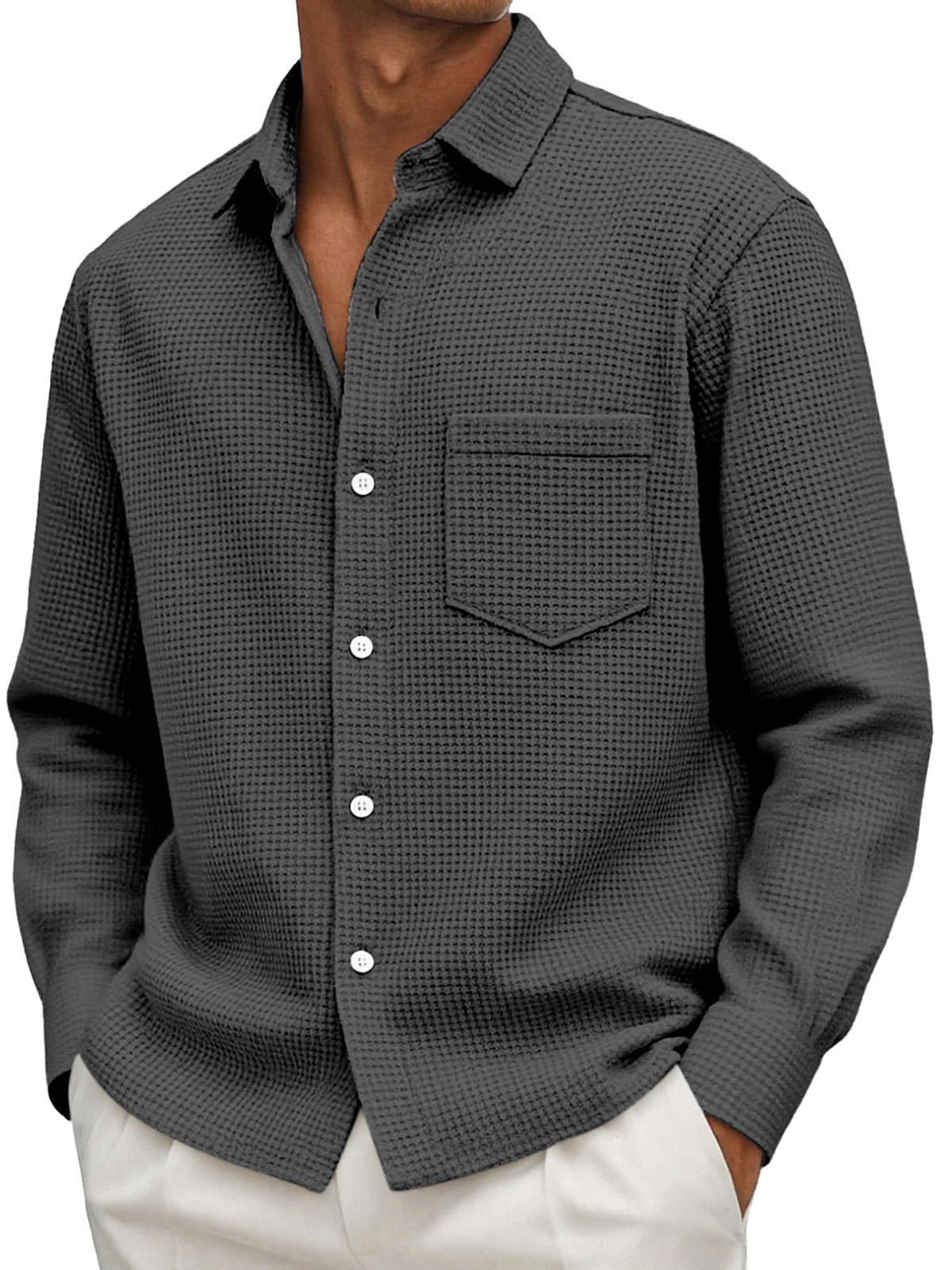 Chemise décontractée pour homme à manches longues, couleur unie, en maille gaufrée et avec poches