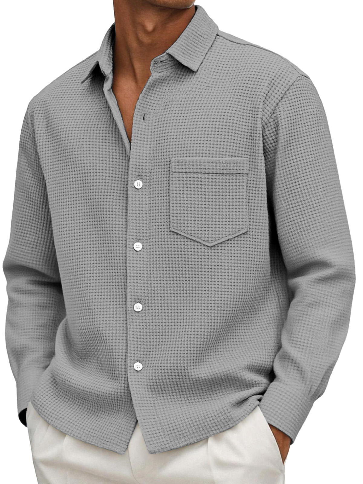 Chemise décontractée pour homme à manches longues, couleur unie, en maille gaufrée et avec poches
