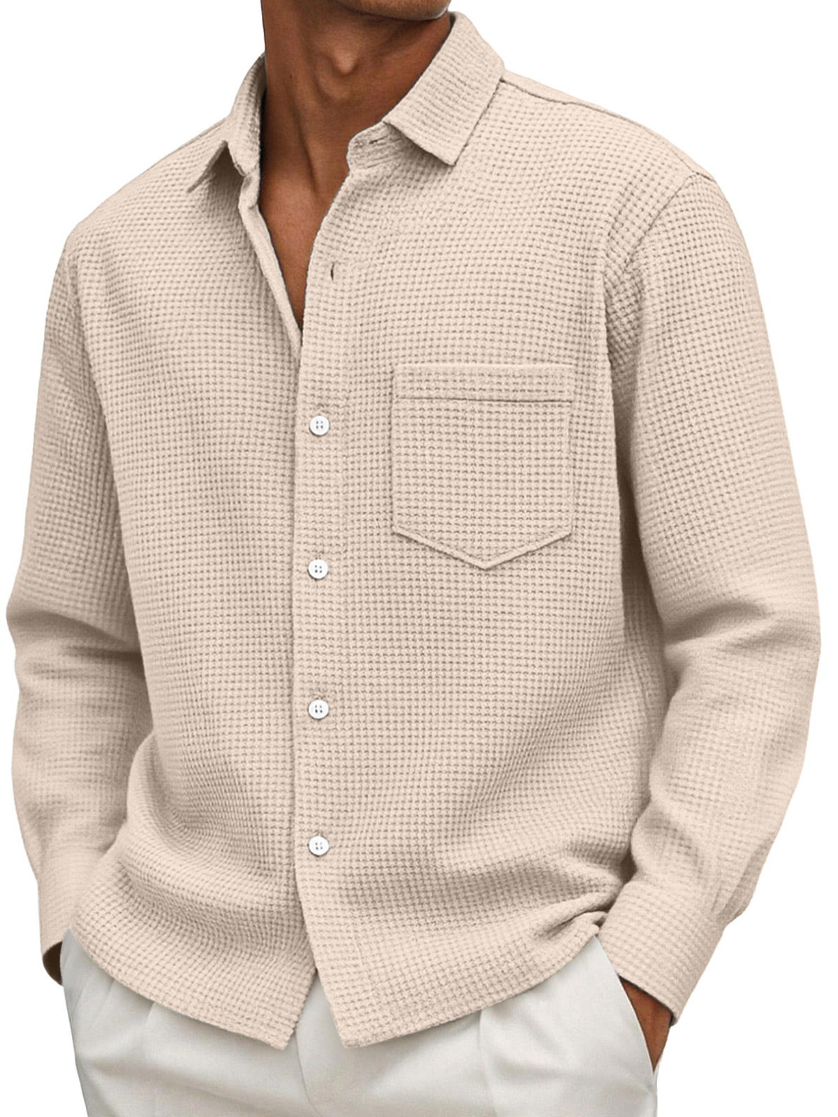 Chemise décontractée pour homme à manches longues, couleur unie, en maille gaufrée et avec poches