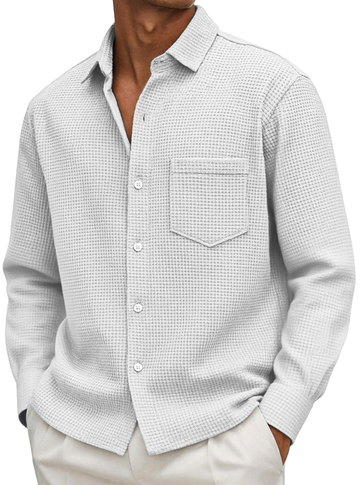 Chemise décontractée pour homme à manches longues, couleur unie, en maille gaufrée et avec poches