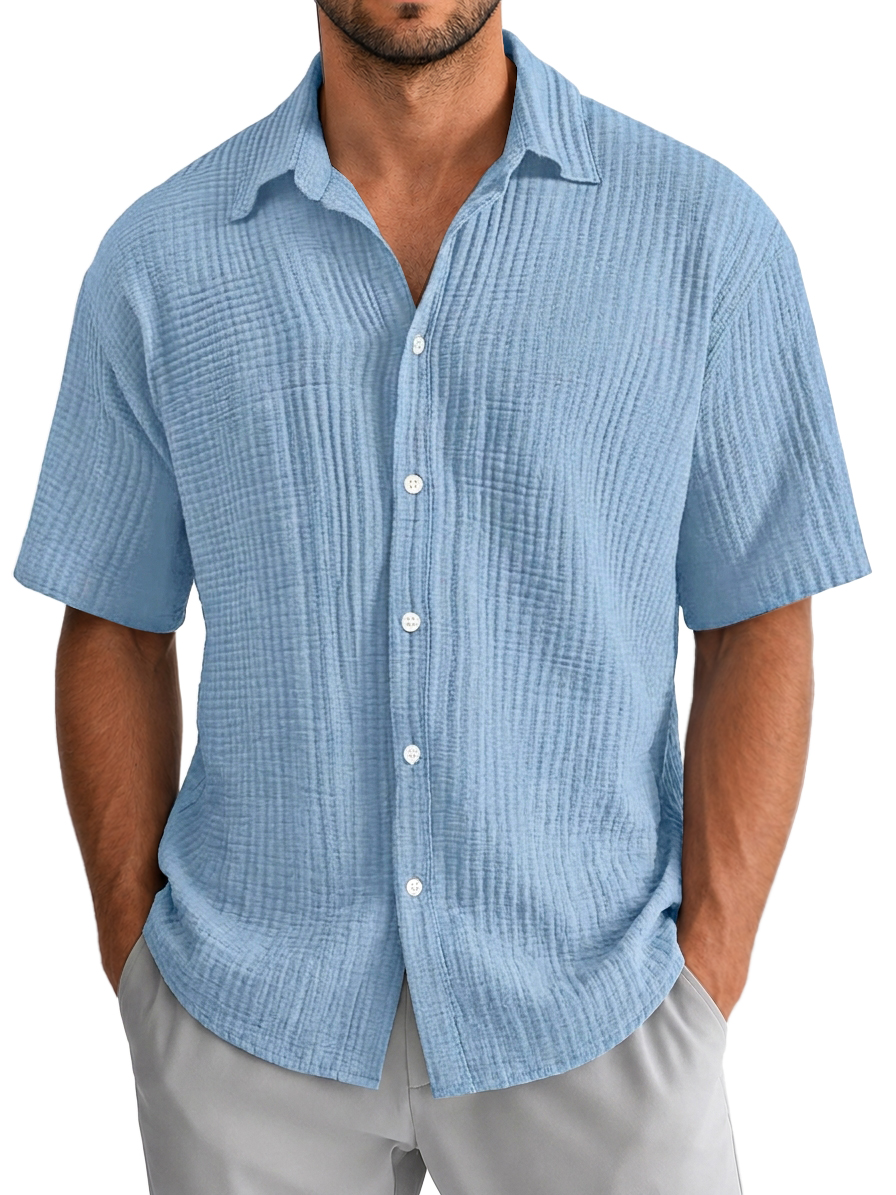 Chemise décontractée pour homme à manches courtes, coupe ample et texture en 100 % coton