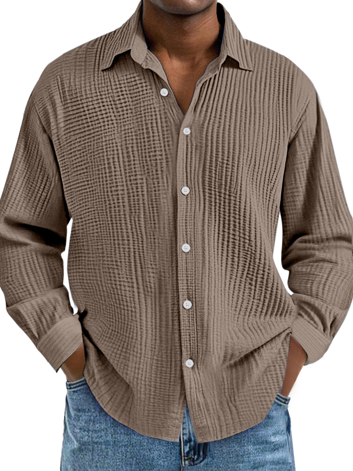 Chemise décontractée pour homme en coton à manches longues, col à revers et plis