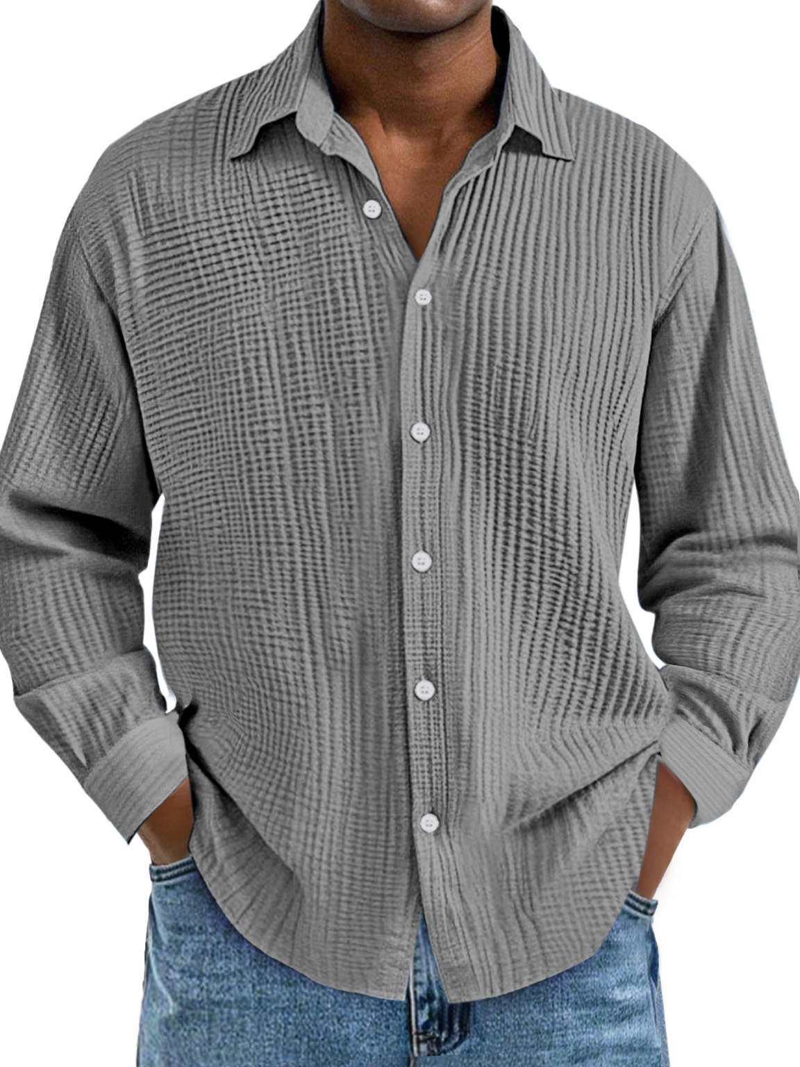 Chemise décontractée pour homme en coton à manches longues, col à revers et plis
