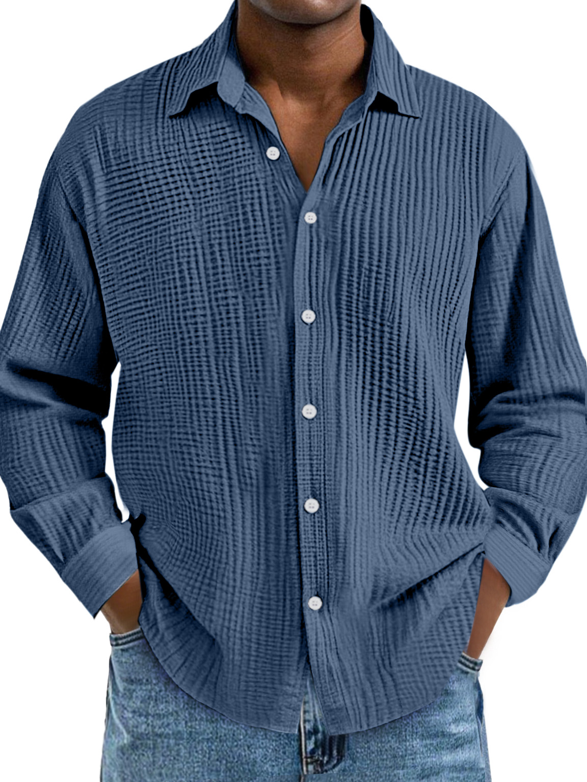 Chemise décontractée pour homme en coton à manches longues, col à revers et plis