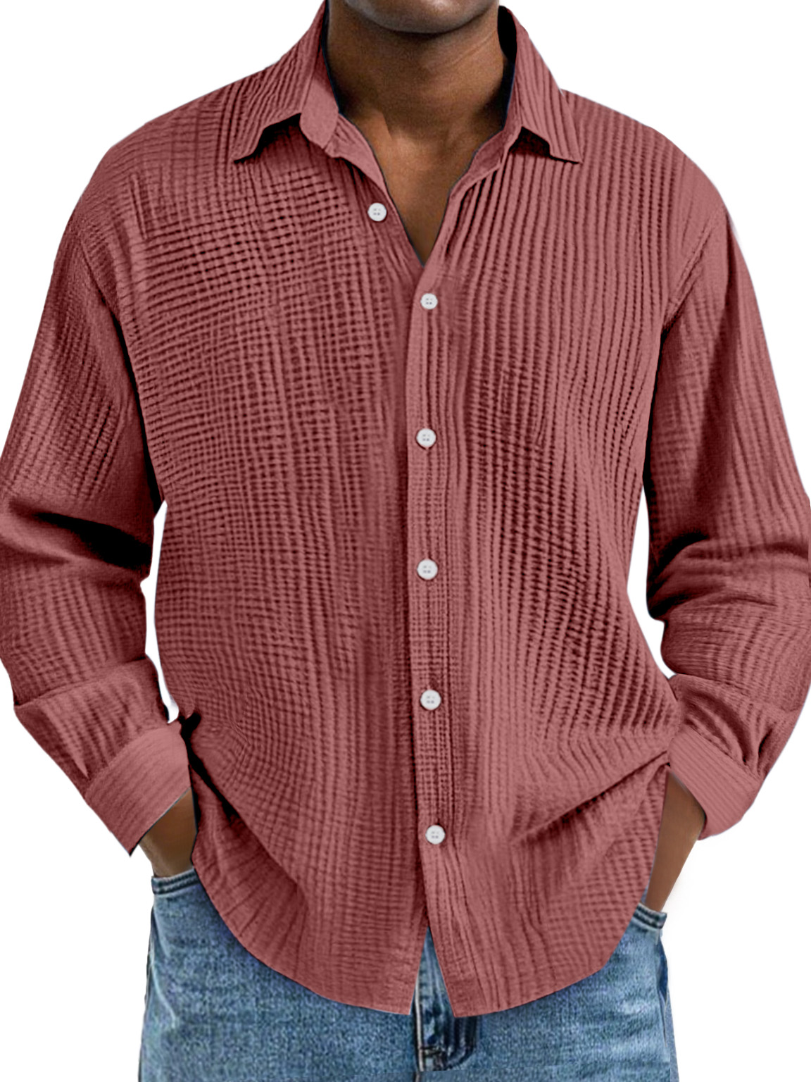 Chemise décontractée pour homme en coton à manches longues, col à revers et plis
