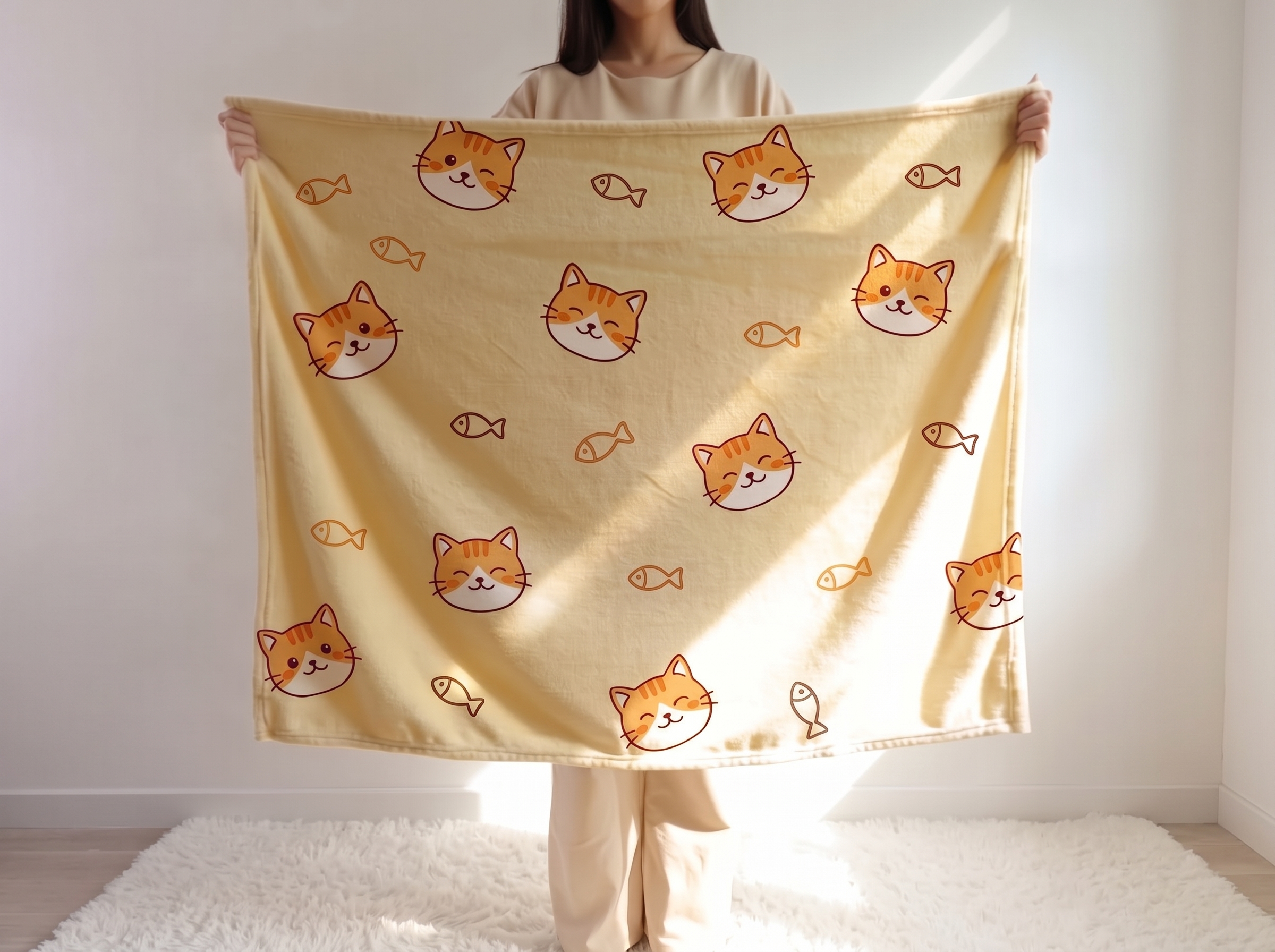 A beige printed blanket with small orange character motifs draped over a chair in a softly lit living room.