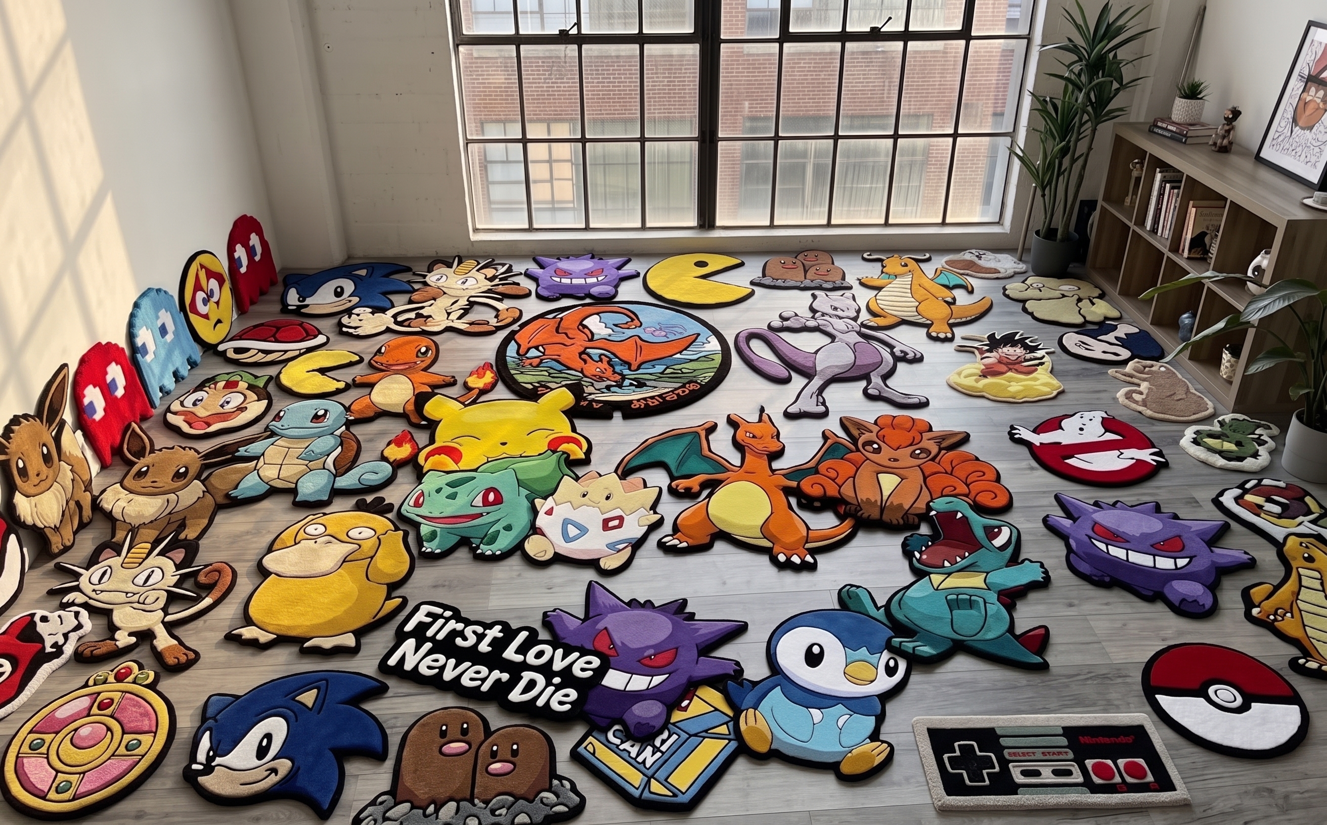 Custom printed character rugs laid out in our workshop, showing a range of colorful shapes and designs for wholesale orders.