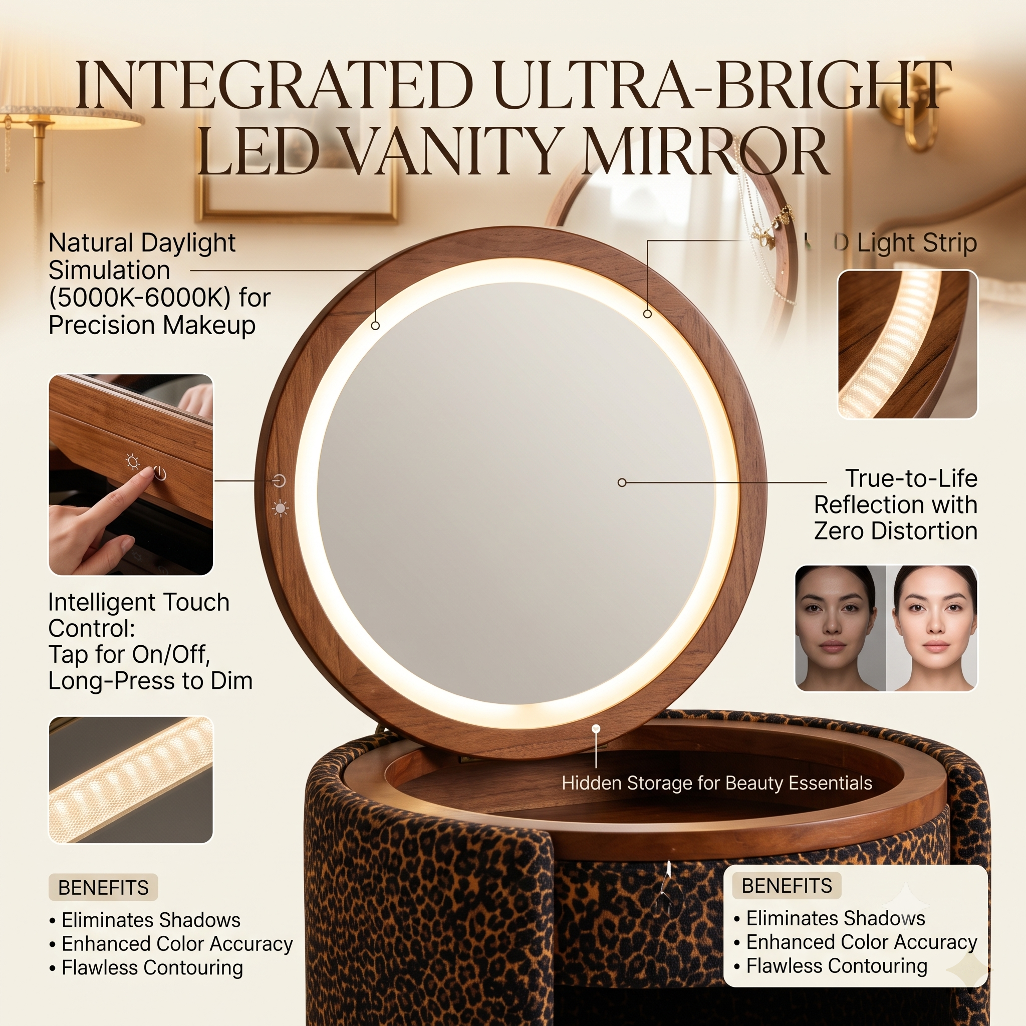 Modern Makeup Vanity Set with LED Mirror, Stool & Large Storage