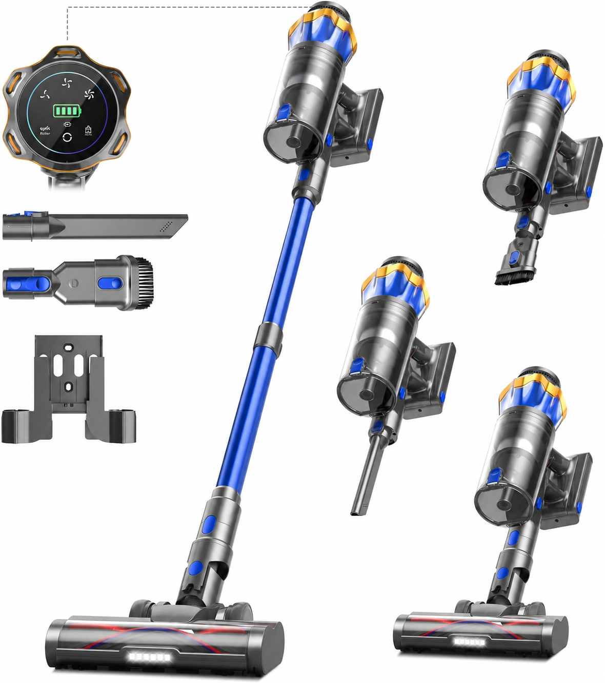 Blue cordless vacuum cleaner and accessories, no visible third-party branding