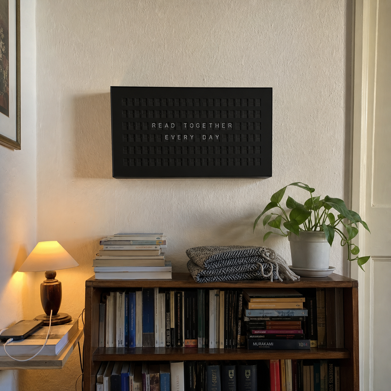 Customer photo of a black 132 Bits display above a lived-in reading corner