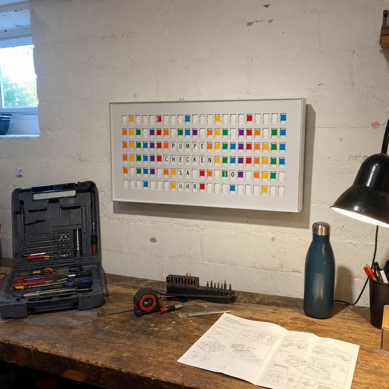 Customer photo of a white 132 Bits display above a used home workshop bench