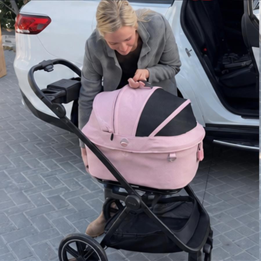 Owner checking the partially closed blush carrier on the stroller beside a car