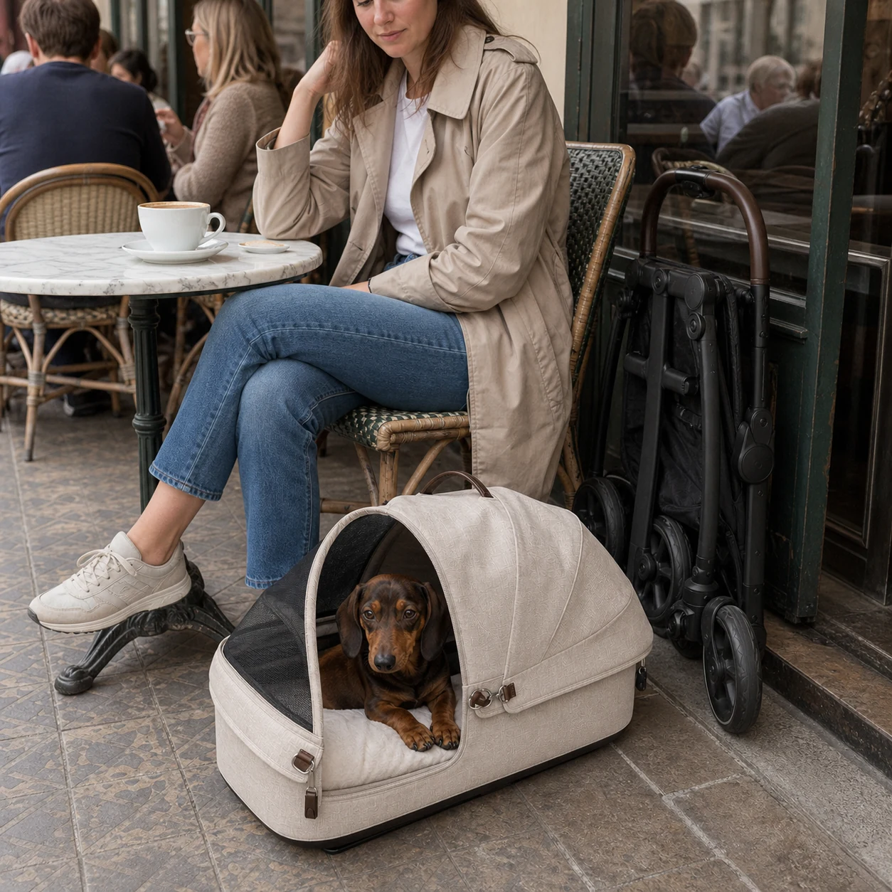 Dachshund resting in the detached fawn carrier beside its owner at a café with the folded stroller frame nearby