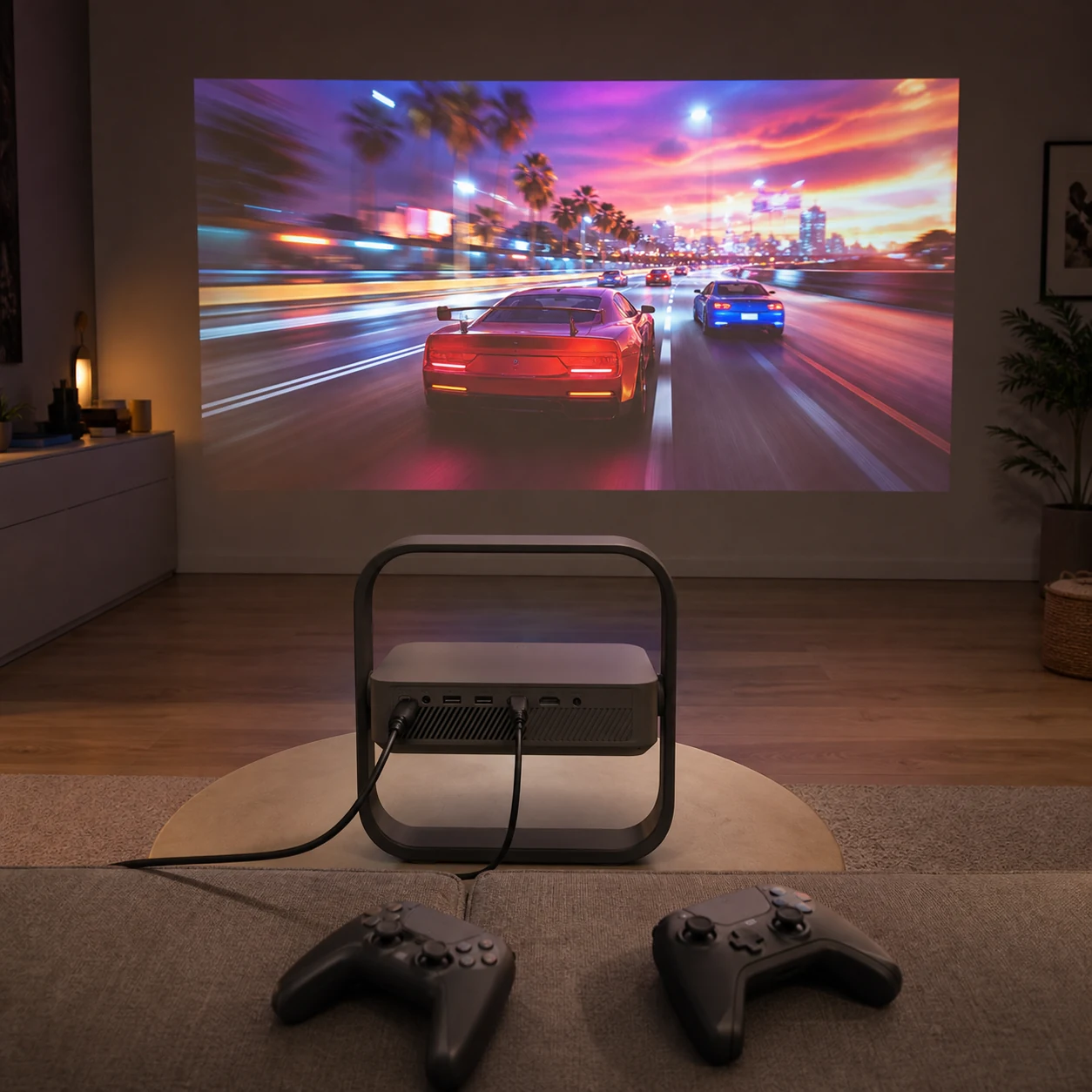 Rear ports and cables visible while a generic racing game is projected straight ahead
