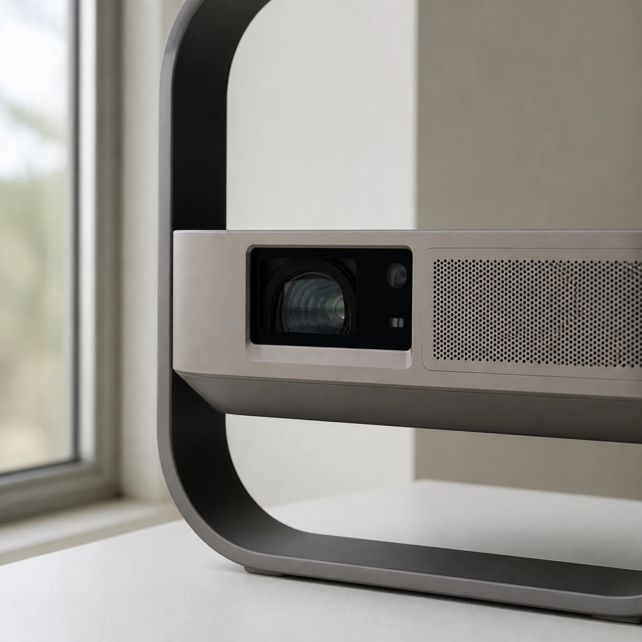 Close lens and grille detail showing the projector's functional layout