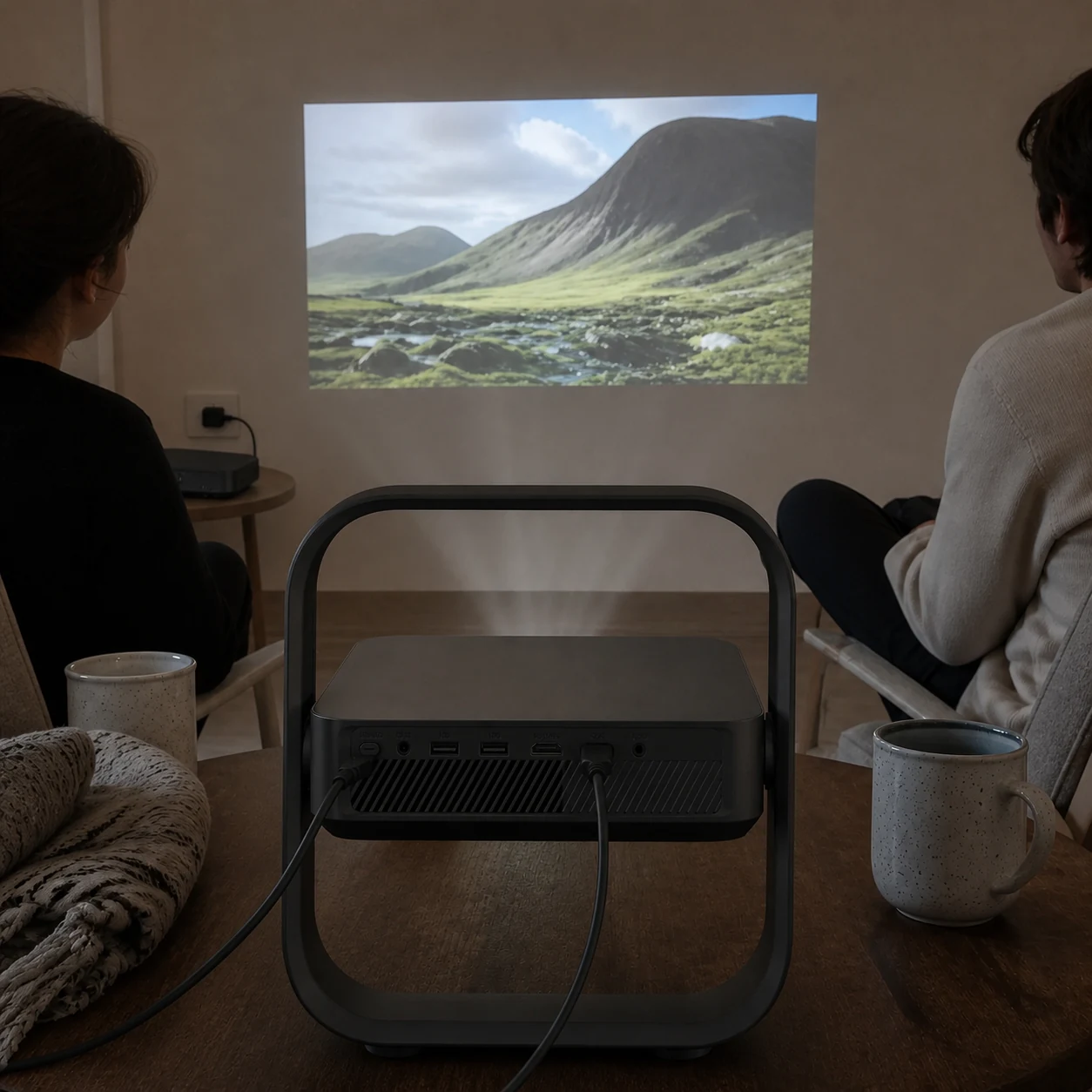Rear of the projector facing the sofa while a film image lands on the opposite wall