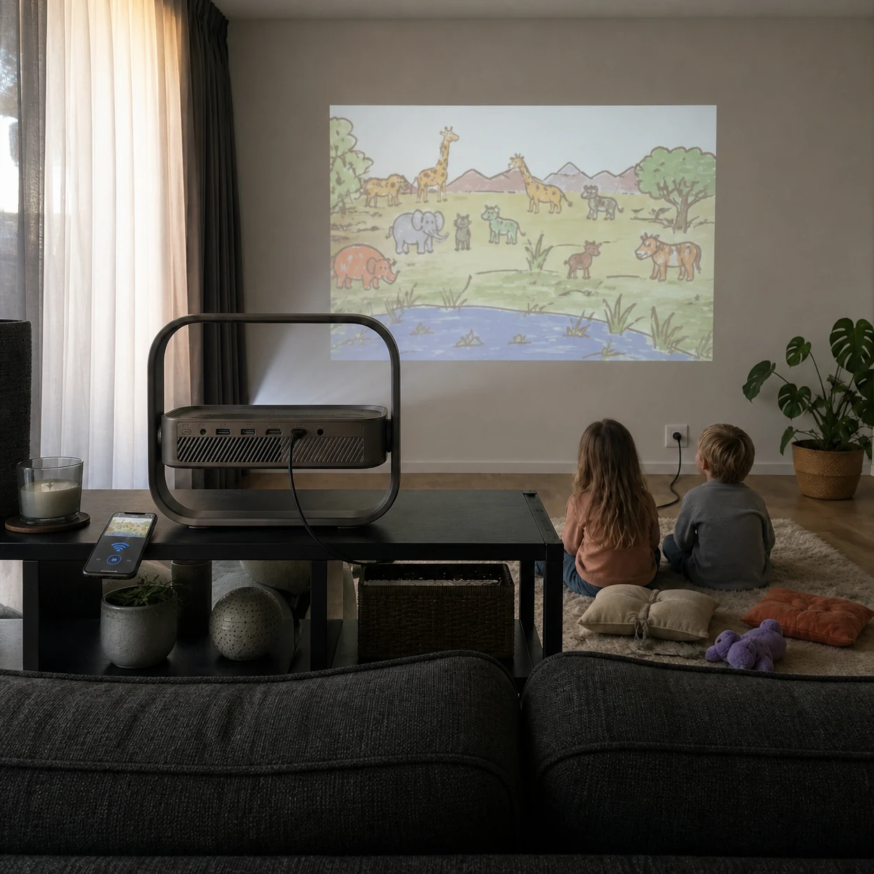 Children watching a generic animation with the projector behind them