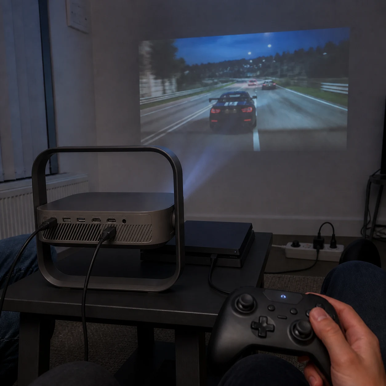 A controller in hand with the projector rear and a generic racing game ahead
