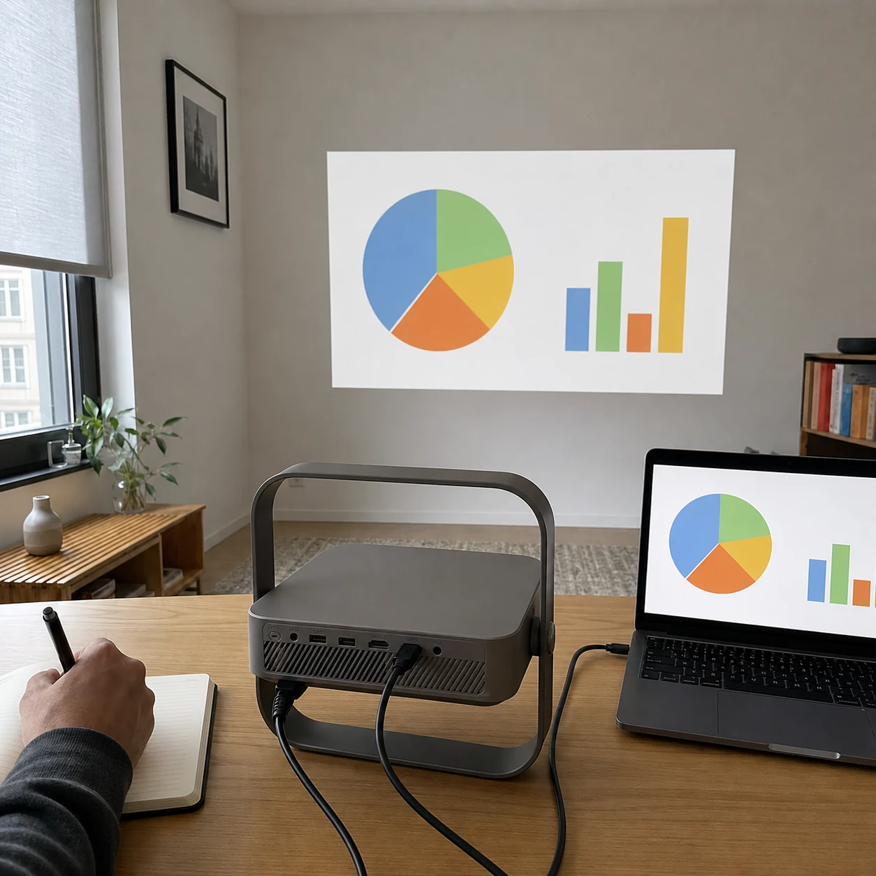 Rear projector ports connected to a laptop with the matching chart directly ahead on the wall