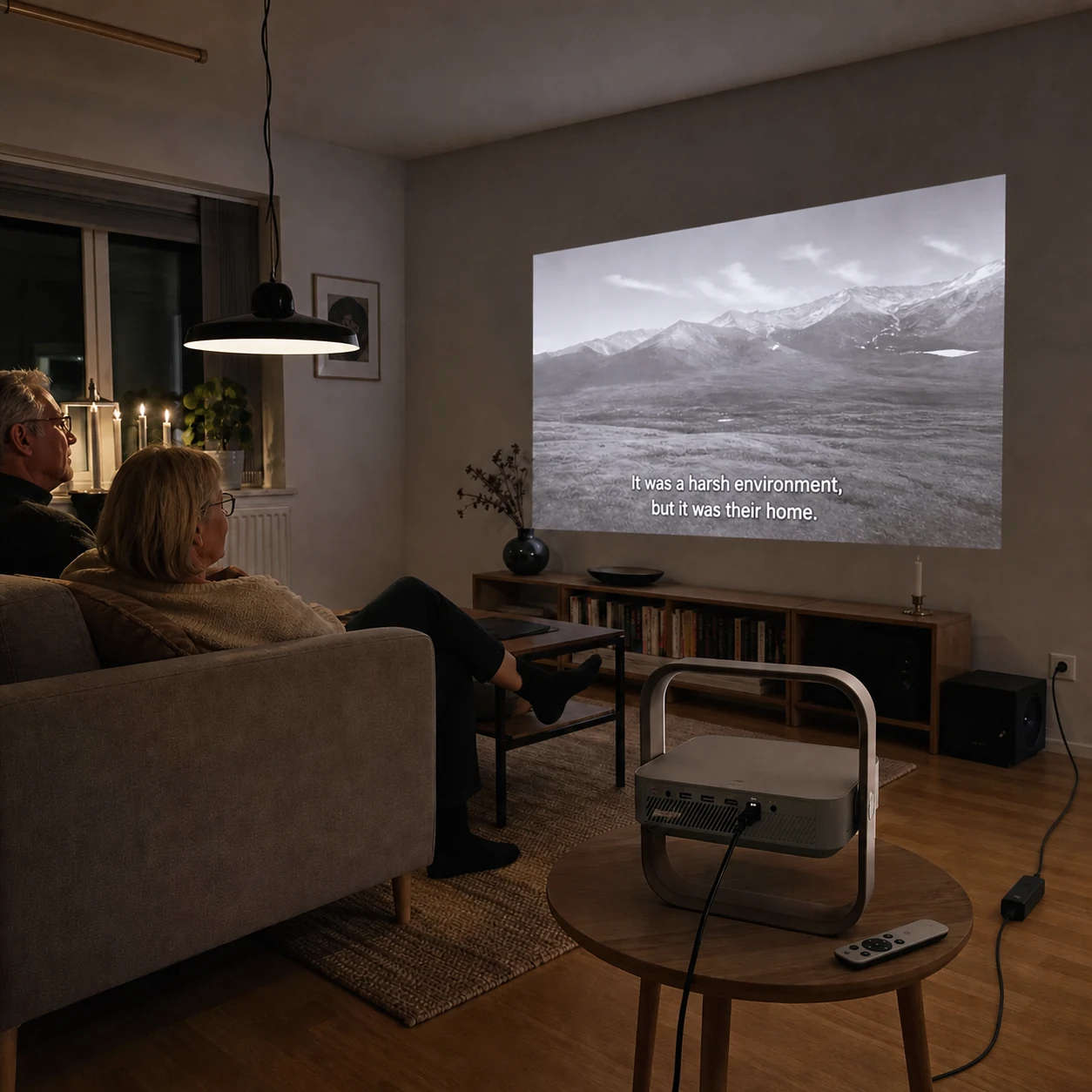 Older couple watching a subtitled landscape documentary with projector behind them