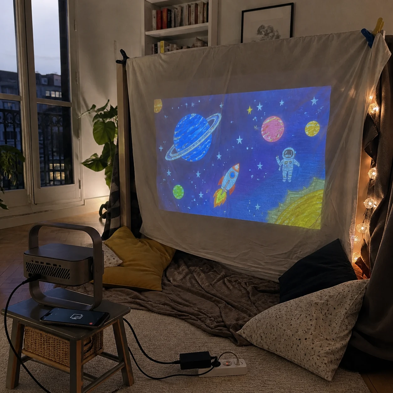 Projector casting a hand-drawn space picture onto a clipped white sheet