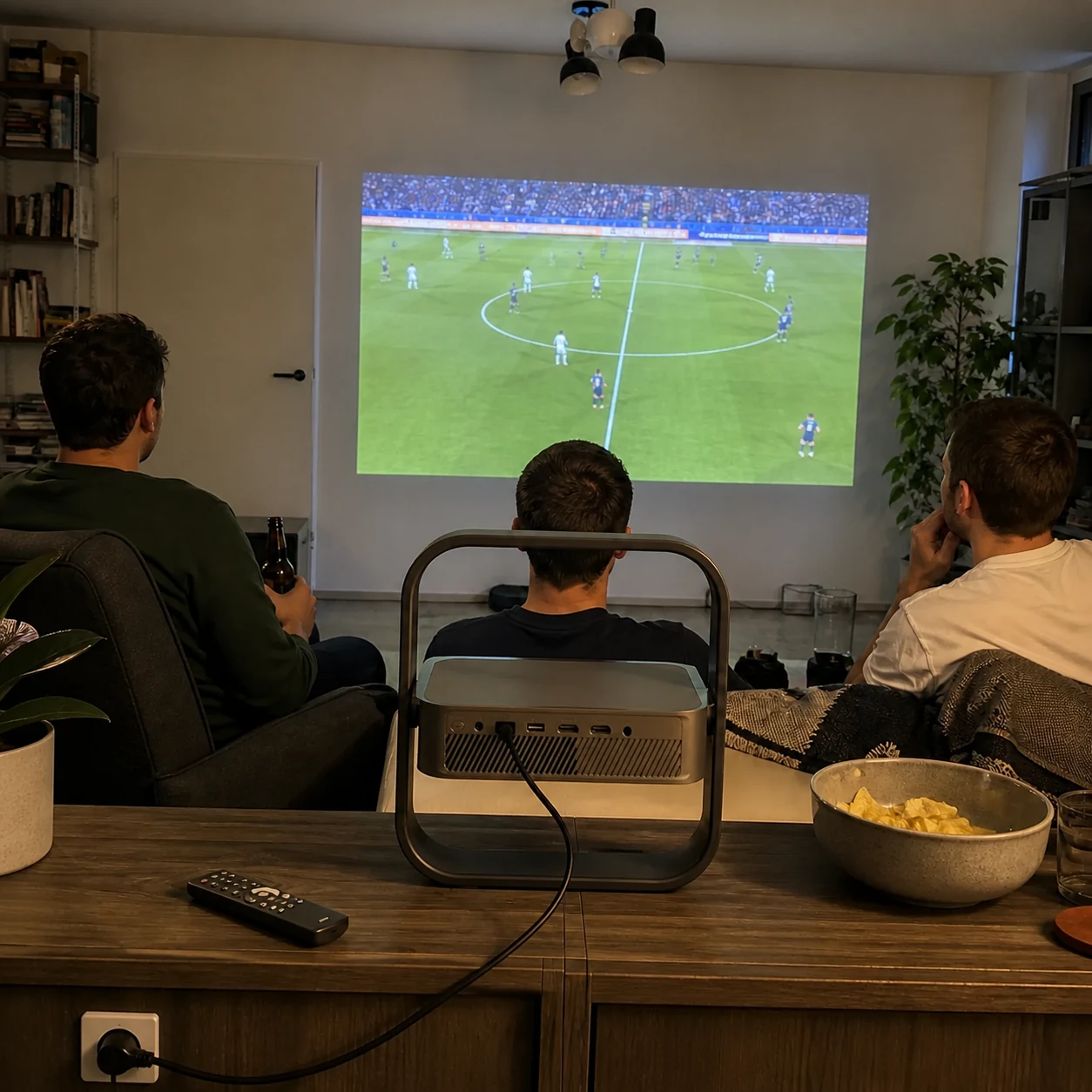 Three friends watching a generic football match with the projector behind the sofa