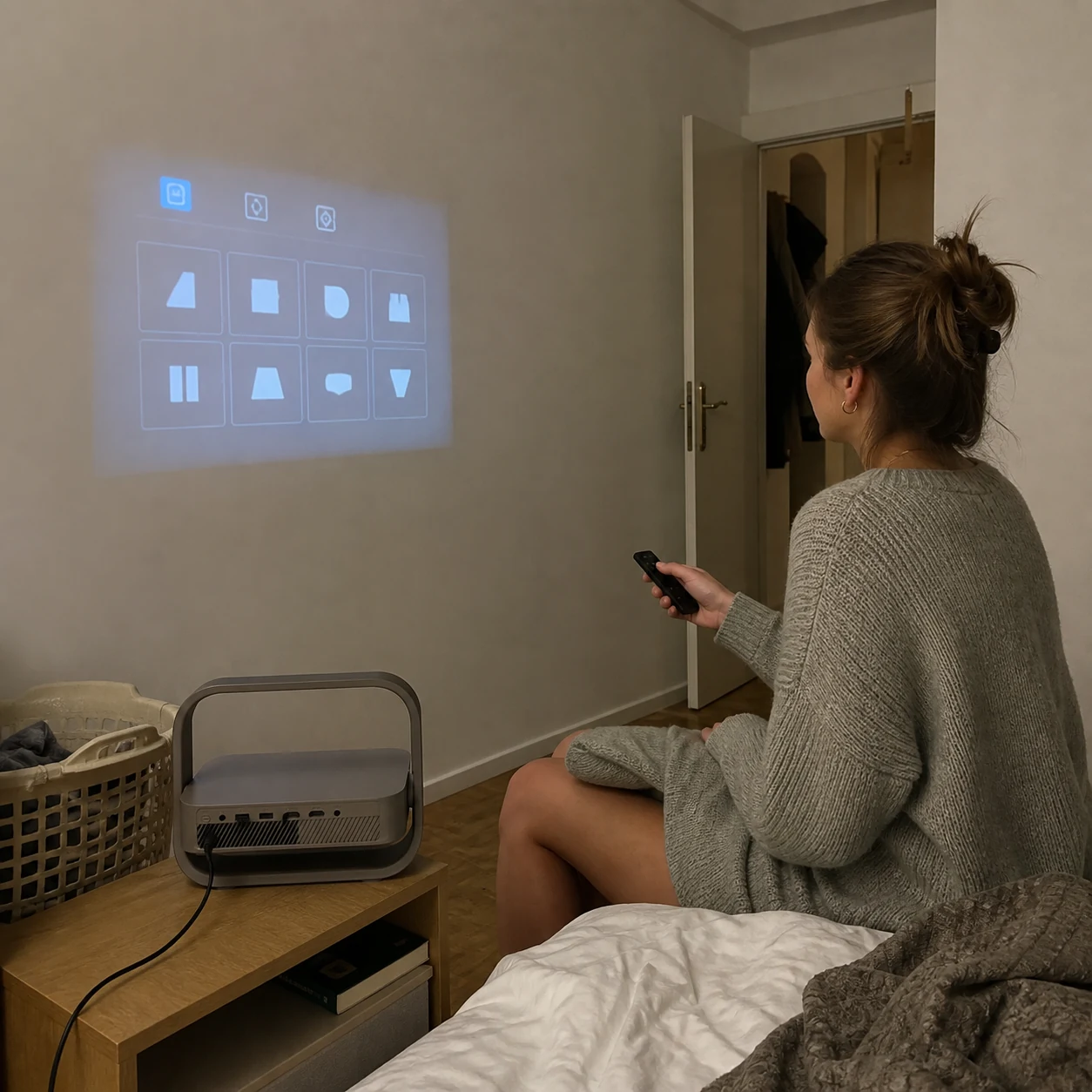 Woman using the remote while the projector settings grid appears on the wall
