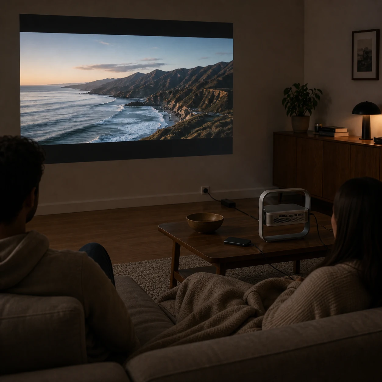 Couple watching a wall projection while the projector rear, continuous power path and streaming source remain visible on the coffee table