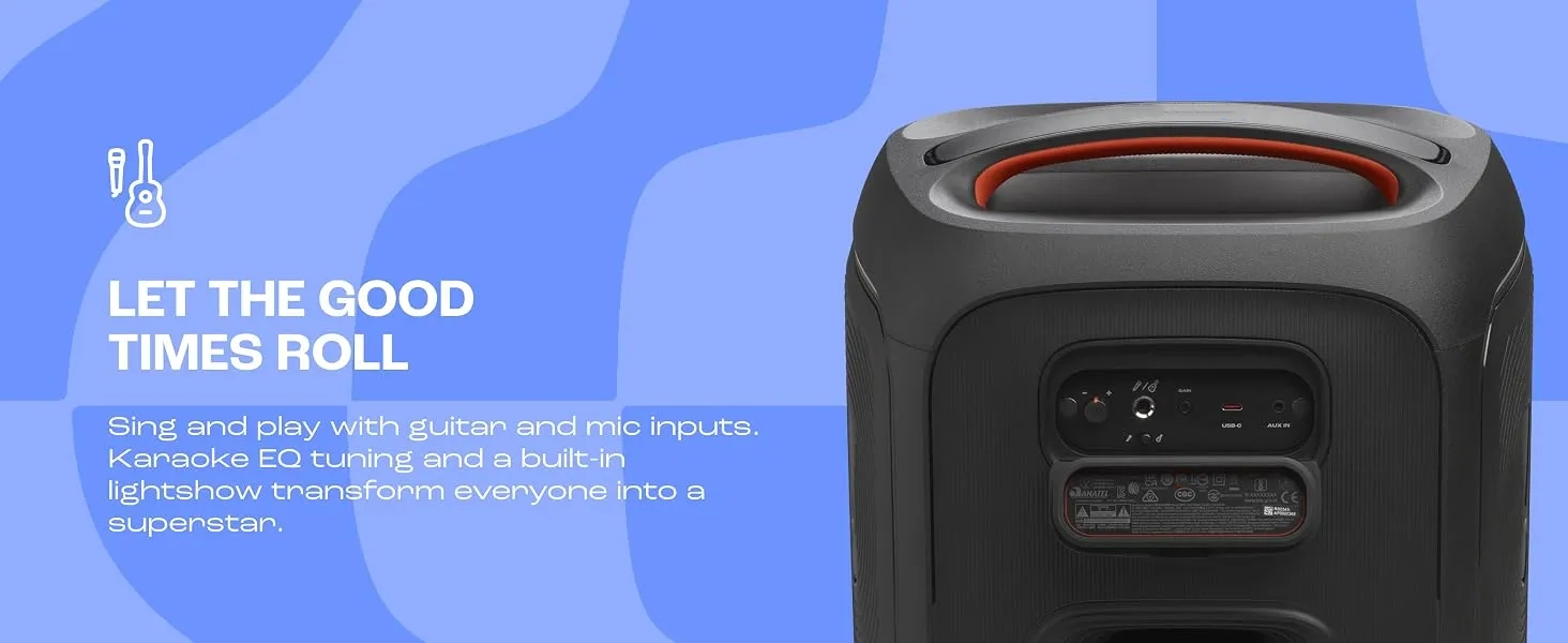 Original rear-panel detail showing microphone, guitar, USB-C and 3.5 mm auxiliary connections